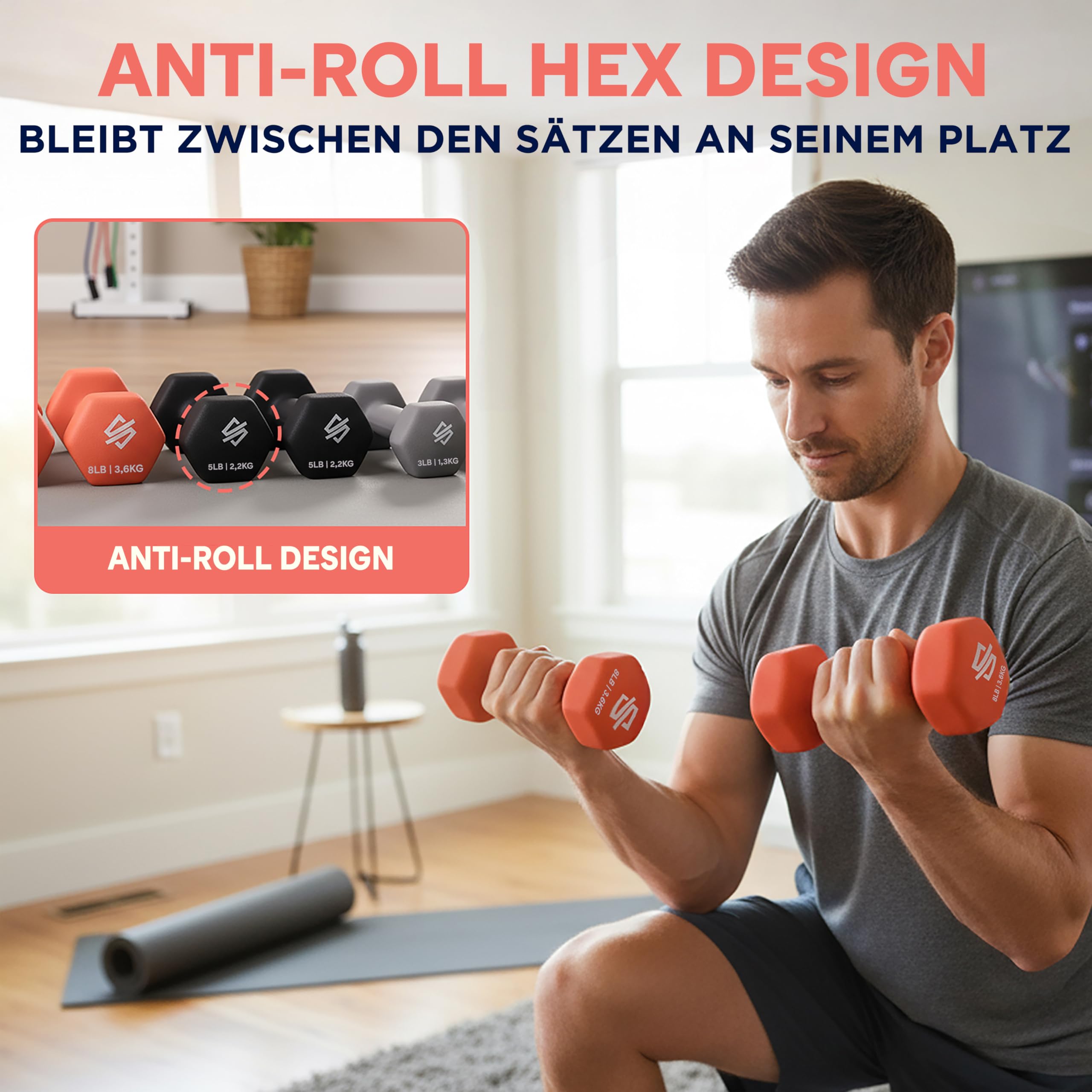 SQUATZ Neopren Hantelset Mit Ständer 14,5 kg Kurzhanteln 3 Paar – Hanteln Set Frauen Für Home Gym Krafttraining Pilates Yoga Mit Rutschfestem Griff