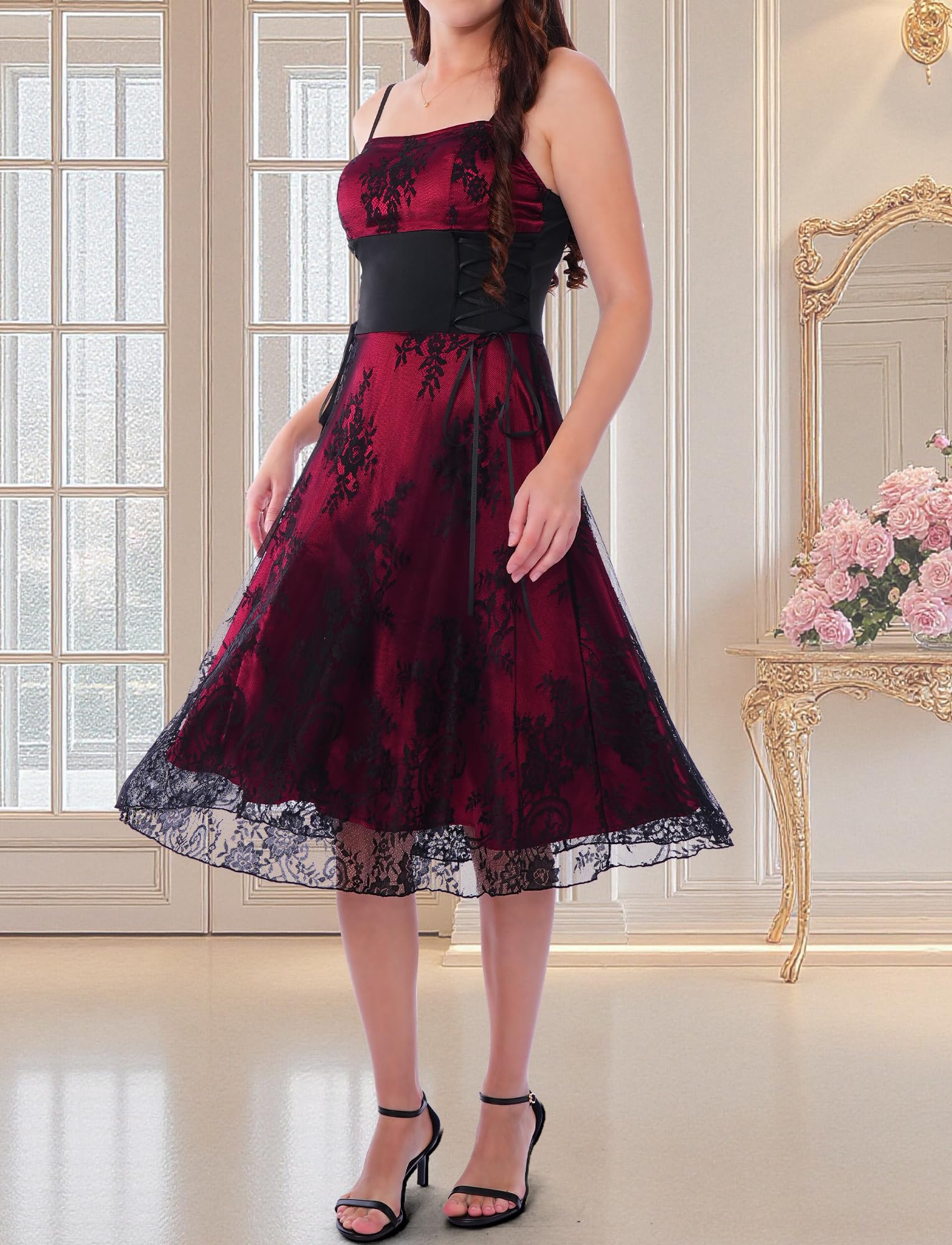 Womens Gothic Vintage Gowns Victorian Mesh Flowy Costumes Spaghetti Strap Bride Wedding Dress Medieval Western Outfit Lace Vampire Dresses Wine Red S - Image 2