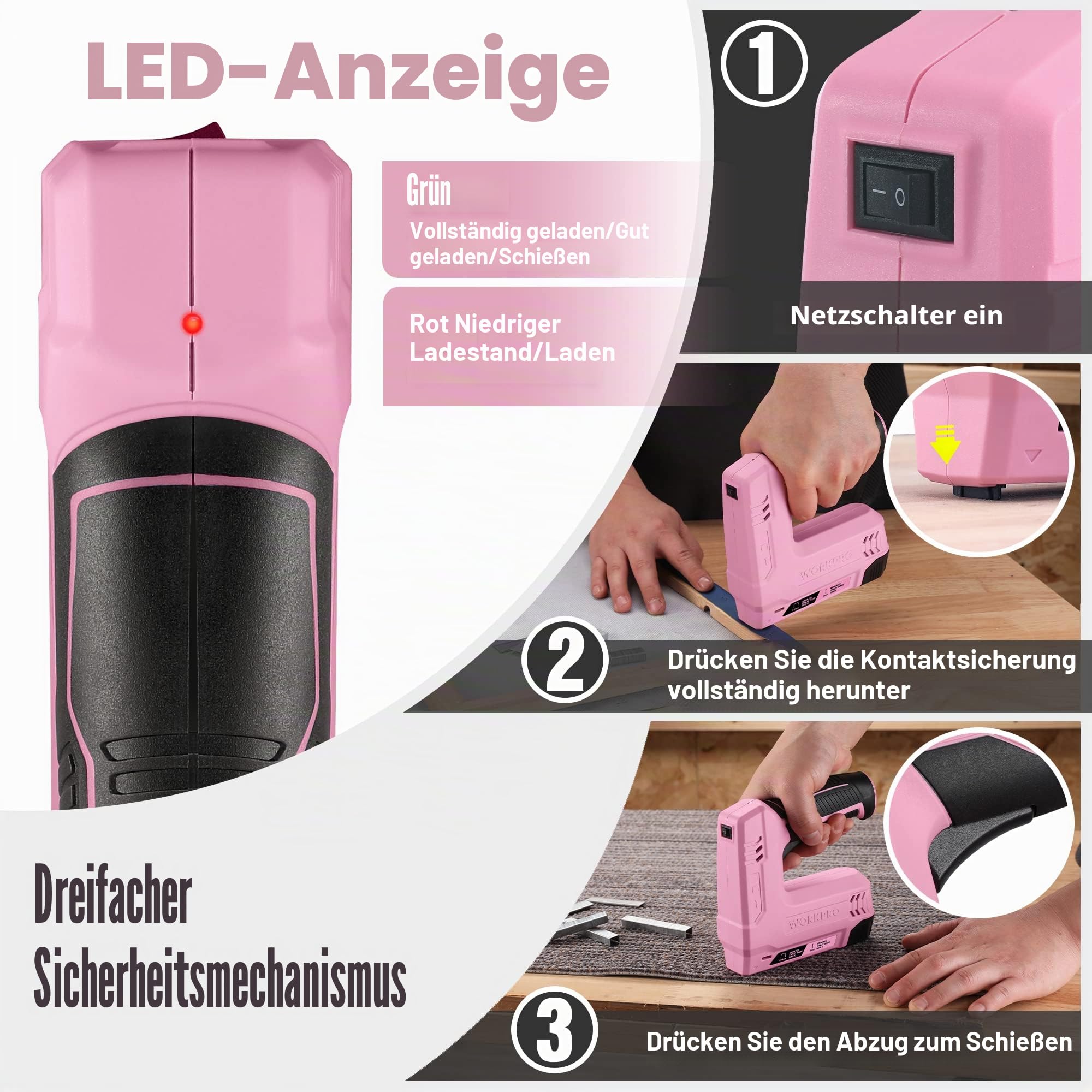 WORKPRO Kabelloser Hefter, 3,6 V, 2000 mAh, mit 2000 Heftklammern, 2-in-1 Multifunktions-Hefter, kompatibel mit Nägeln und Heftklammern Typ 53, 8 für DIY-Projekte in Möbeln, Tischlerei (Rosa) | kompatibel mit Nägeln und Heftklammern Typ 53, 8 für DIY-Proj