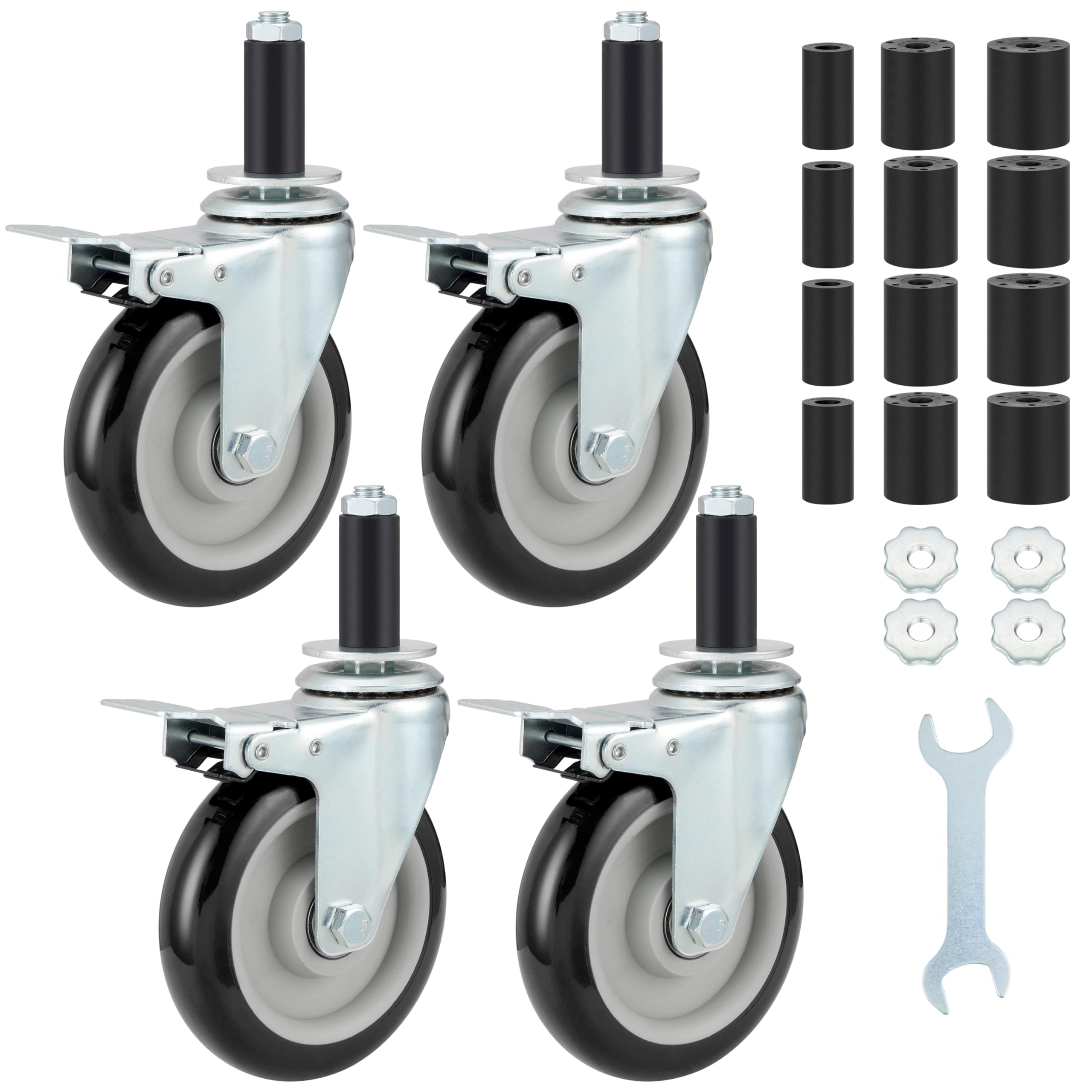 Finnhomy 5 Inch Prep Table Cater Wheels Set of 4 Heavy Duty Expanding Stem Casters with Brake Fit 7/8", 1", 1-1/2" and 1-5/8" Tube Leg for Stainless