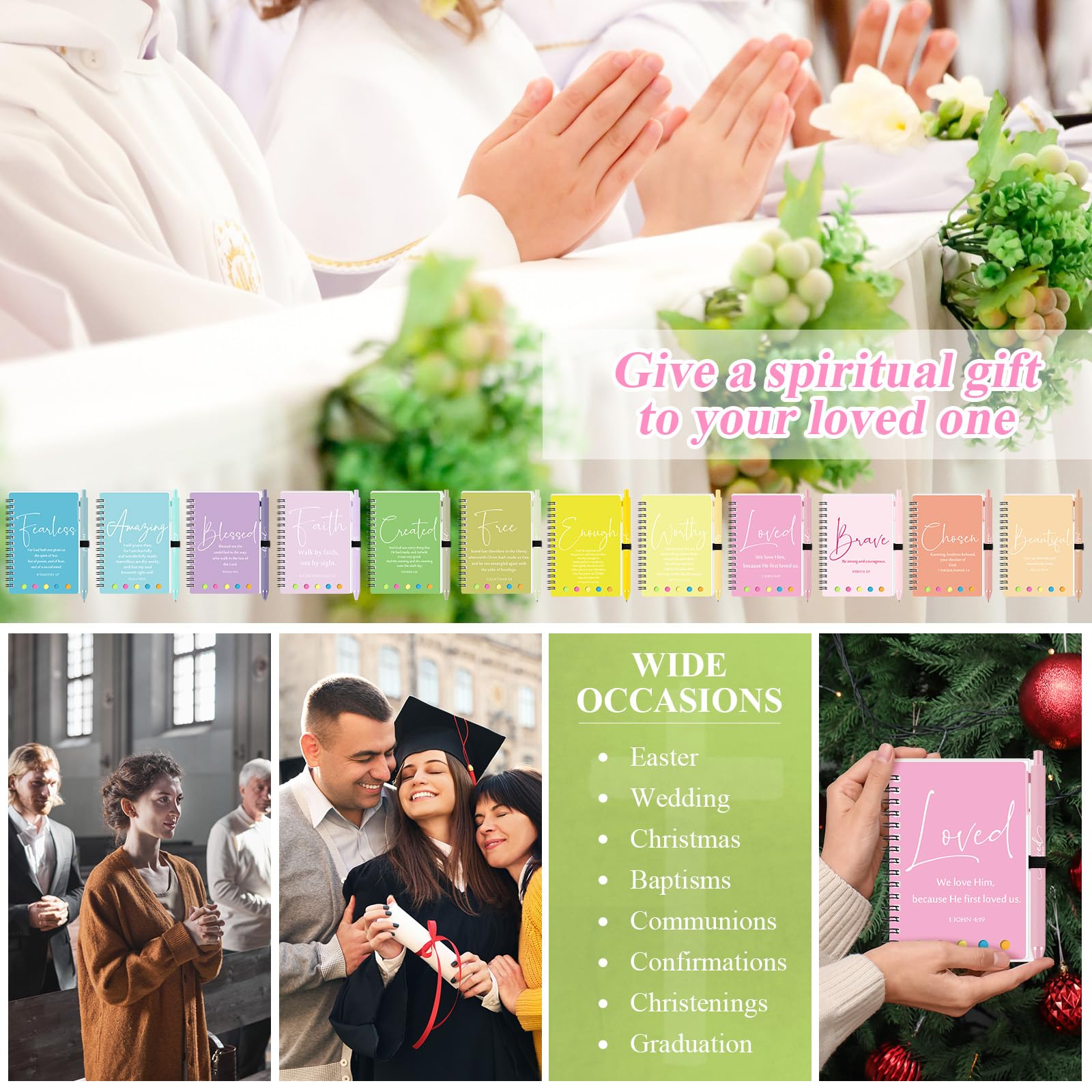 Kosiz Lot de 24/48 pièces - Cadeau chrétien de Pâques - Journal de prière inspirant - Carnet avec stylo biblique - Cadeau religieux pour la fête des mères, femmes, hommes, papa (simple, couleur