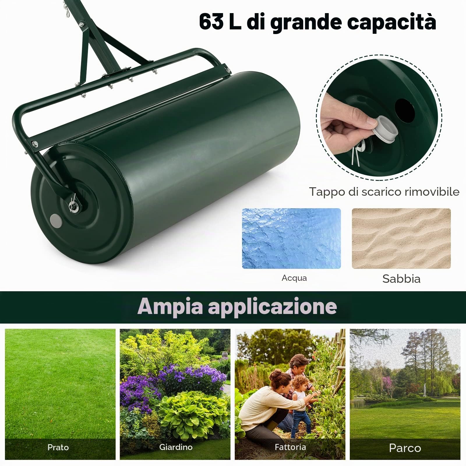 FANTASK Rullo per prato in metallo, Ø 30 cm, rullo manuale con manico 63 l, rullo per carichi pesanti, riempito con acqua e sabbia, rullo da giardino, rullo per prato