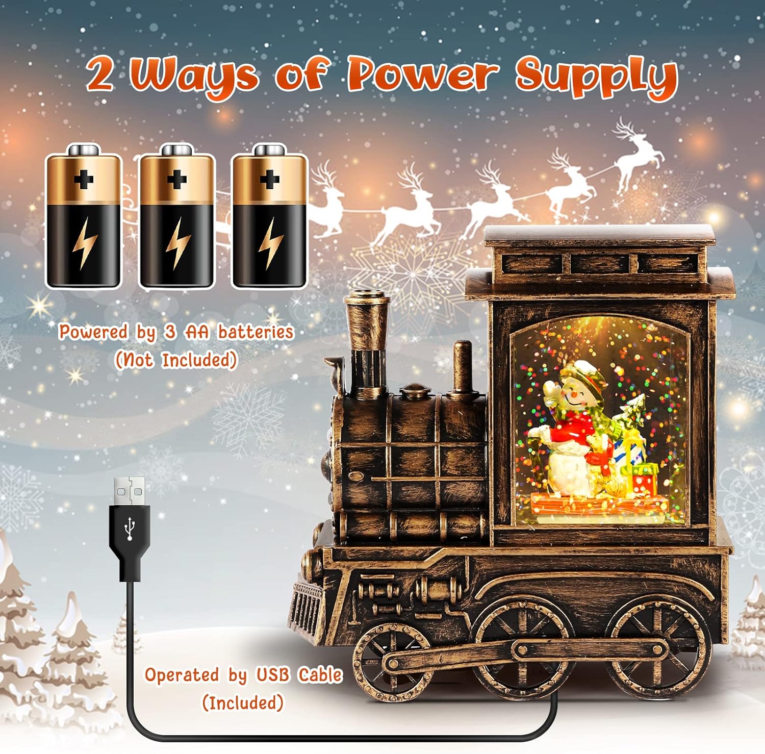 Christmas Snow Globes, Vintage Musical Christmas Snow Globe Lantern with Snowflake Projection, Lighted Christmas Train Snow Globe with Snowman Water Swirling Glitter and 6H Timer, Xmas Gift