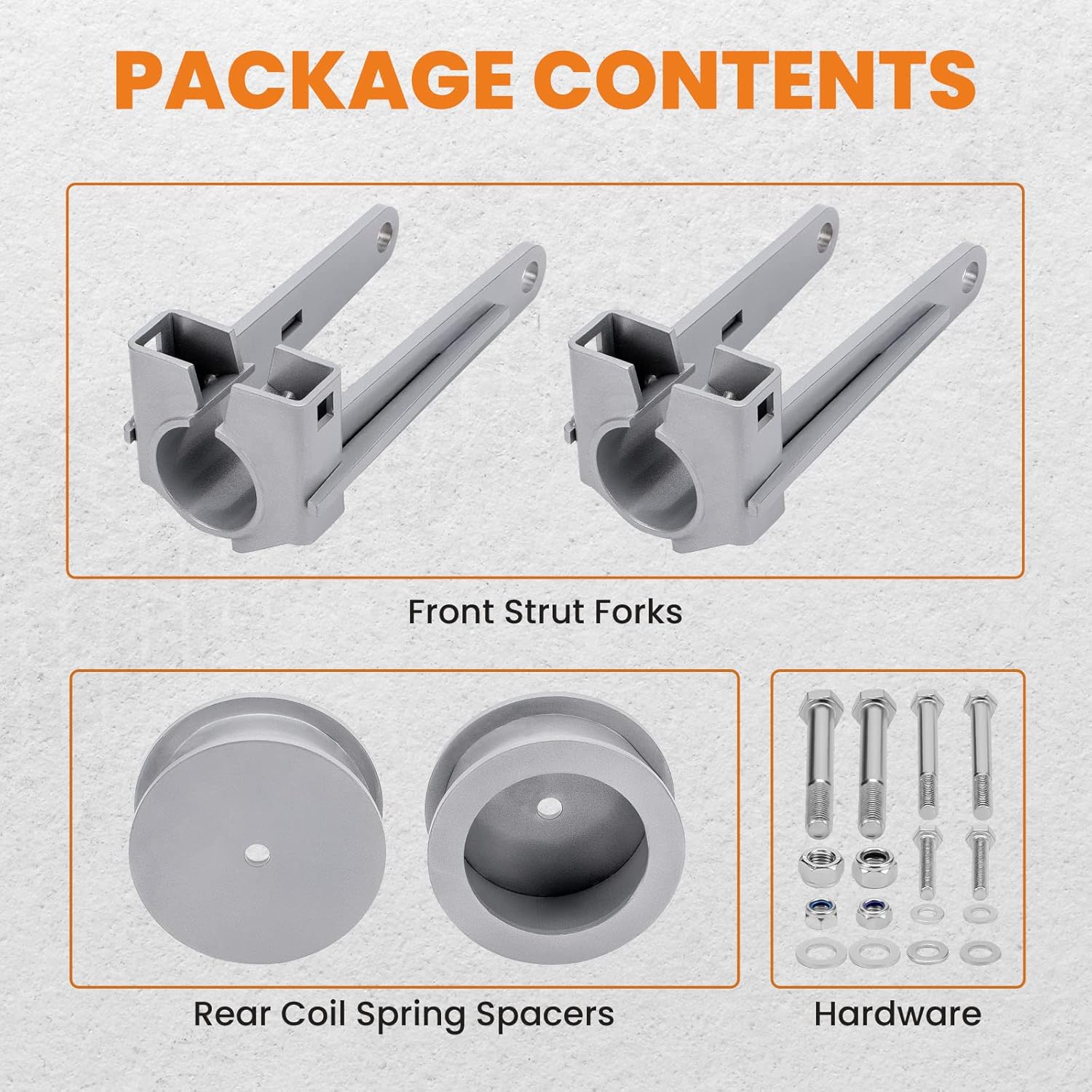 Contents of the leveling kit package, including two front strut forks, two rear coil spring spacers, and various hardware components.