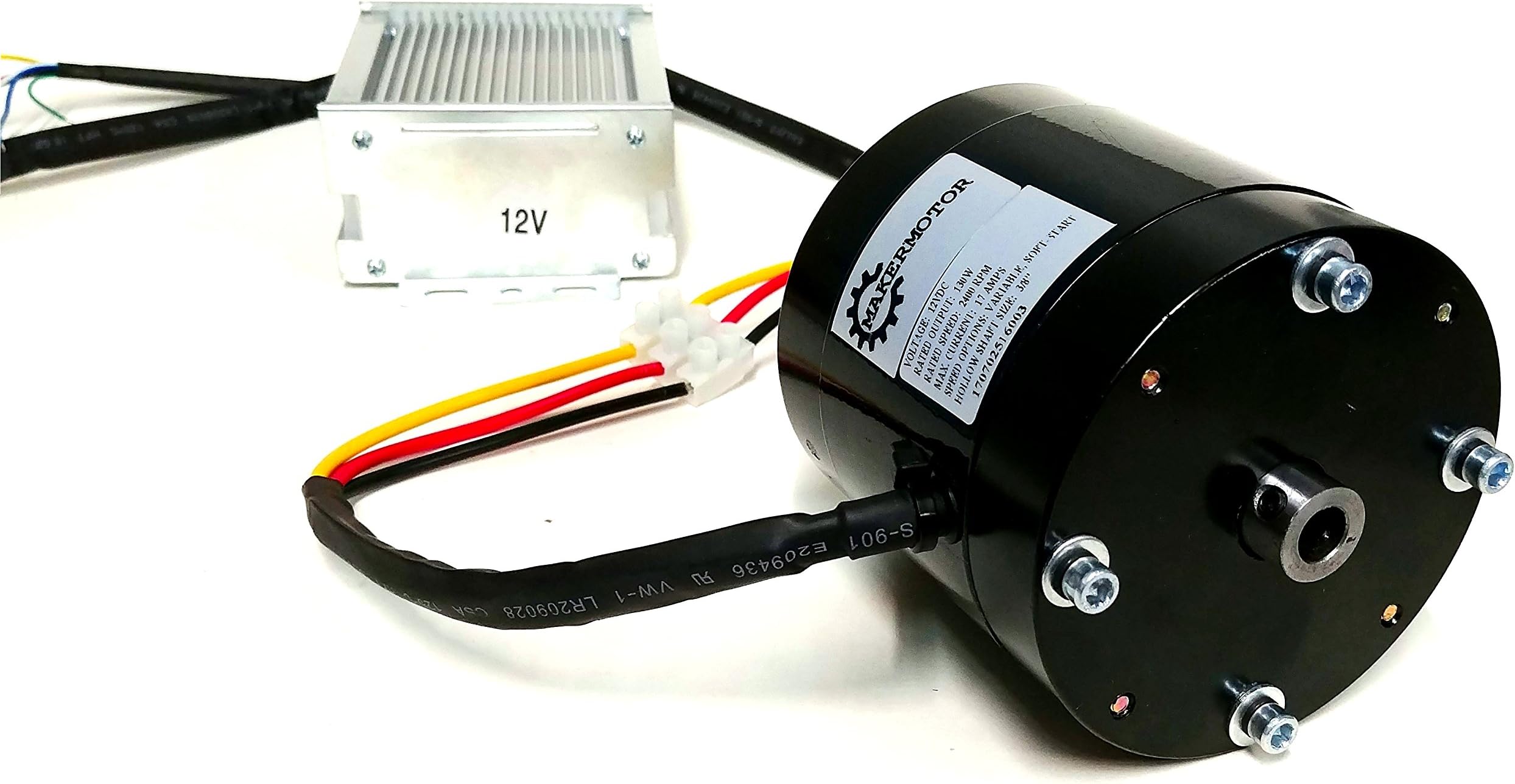 Makermotor 1/6 hp 3/8" Bore Hollow Shaft Brushless 12v DC Sensorless Motor 2500 RPM Variable Speed Motor Reversible with Soft-Start Feature