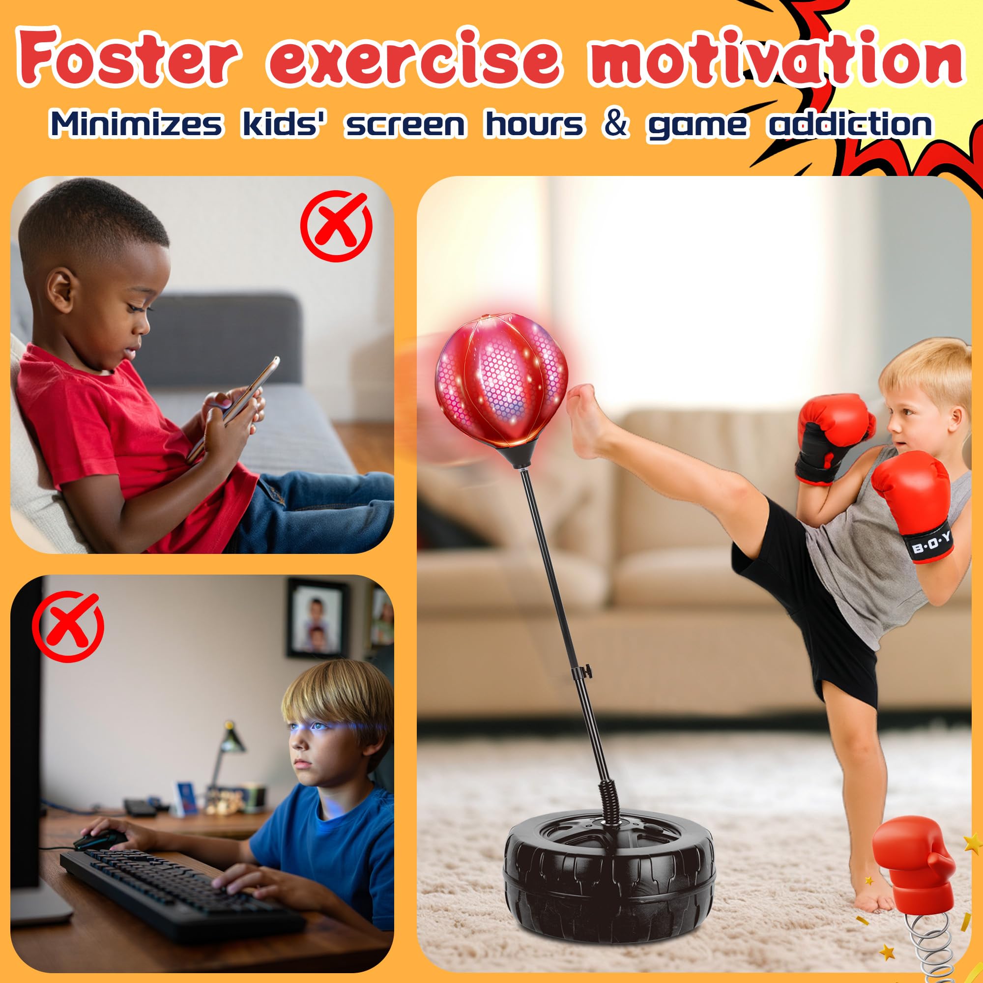 JOY SPOT! LED Boxsack mit Ständer, Höhenverstellbar Punchingball für Kinder, Boxen Set inkl. Boxhandschuhe & Pumpe, Leuchtender Punching Bag für Erwachsene, Boxball-Set Spielzeug für Speed Training