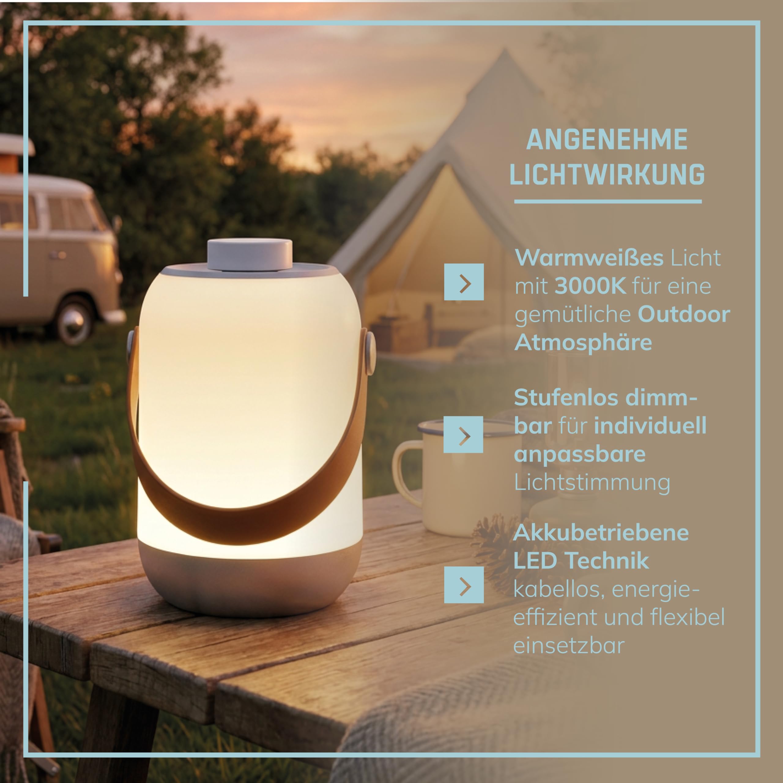 Lightbox LED Tischlampe Outdoor - Akku Tischlampe kabellos & dimmbar - IP44 Gartenlampe, Camping Tischlampe - warmweiß 200 lm - 90h Leuchtdauer USB aufladbar