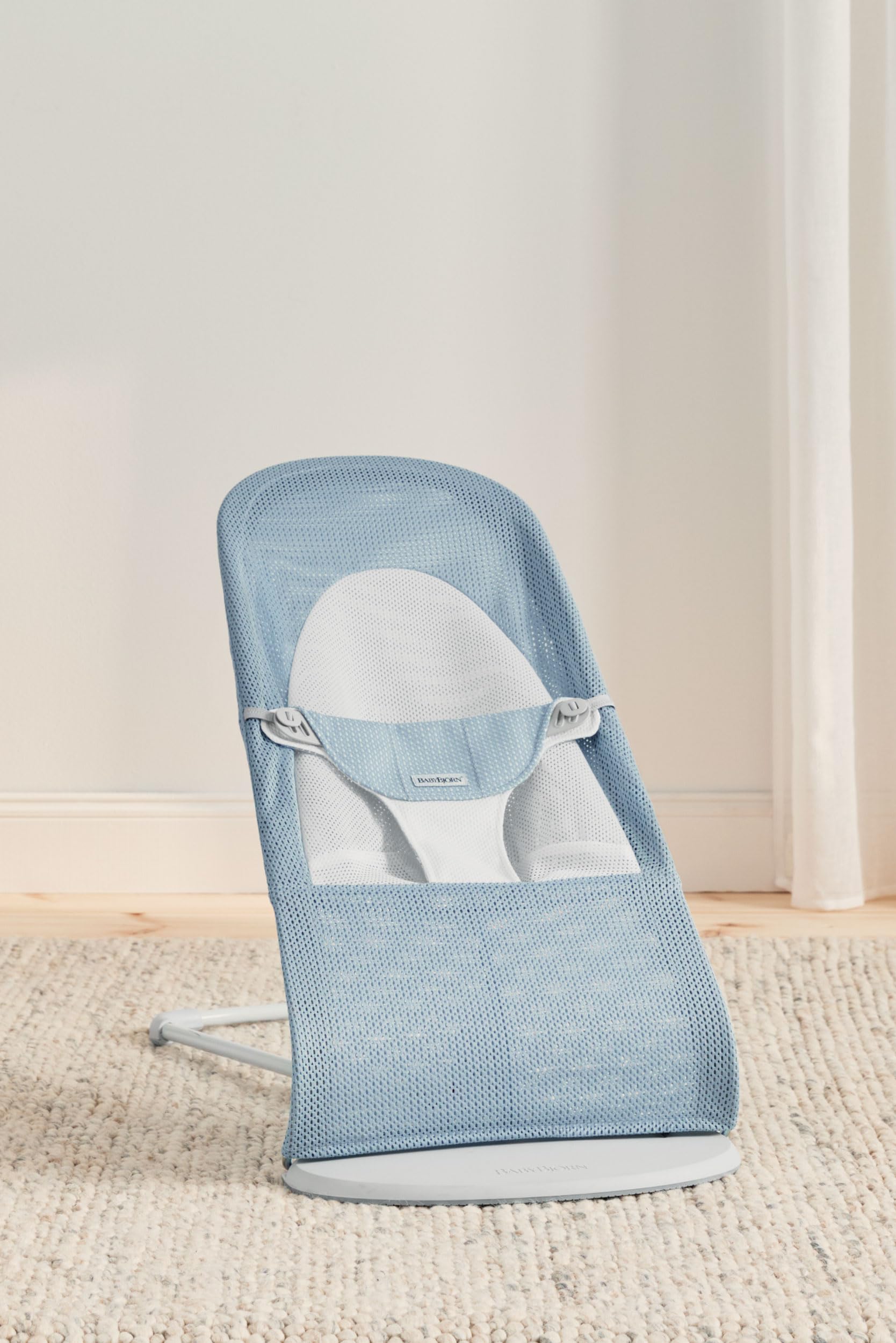 BabyBjörn 005143 Bouncer Balance miękki, jasnoszary ramka, siatka, błękitny/biały