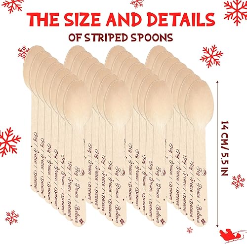 Miniatura 8 de Umigy 100 cucharas de madera desechables de 5.5 pulgadas, cucharas de madera desechables de Navidad con patrón de cuchara de madera para chocolate