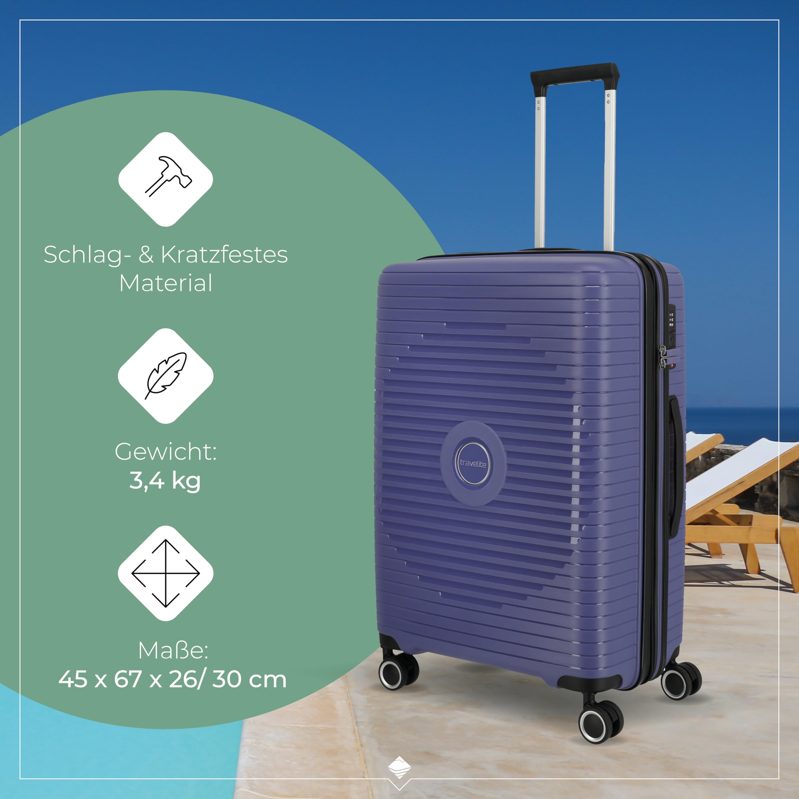 Travelite Hartschalen Koffer mittelgroß erweiterbar, 4 Rollen, ORBITA, Trolley mit bruchsicherer Schale und praktischer Inneneinteilung, TSA Schloss, 67 cm, 68-78 Liter