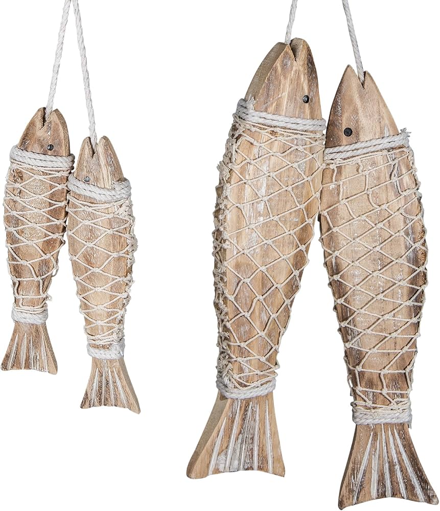 EVINIS 4 Pack Wooden Fish Decor Hanging Wood Fish Sculpture for Wall Art, Nautical Hand Carved Wood Fish Decor with Fishing Net for Lake House Beach Theme Wall Home Decoration, Natural