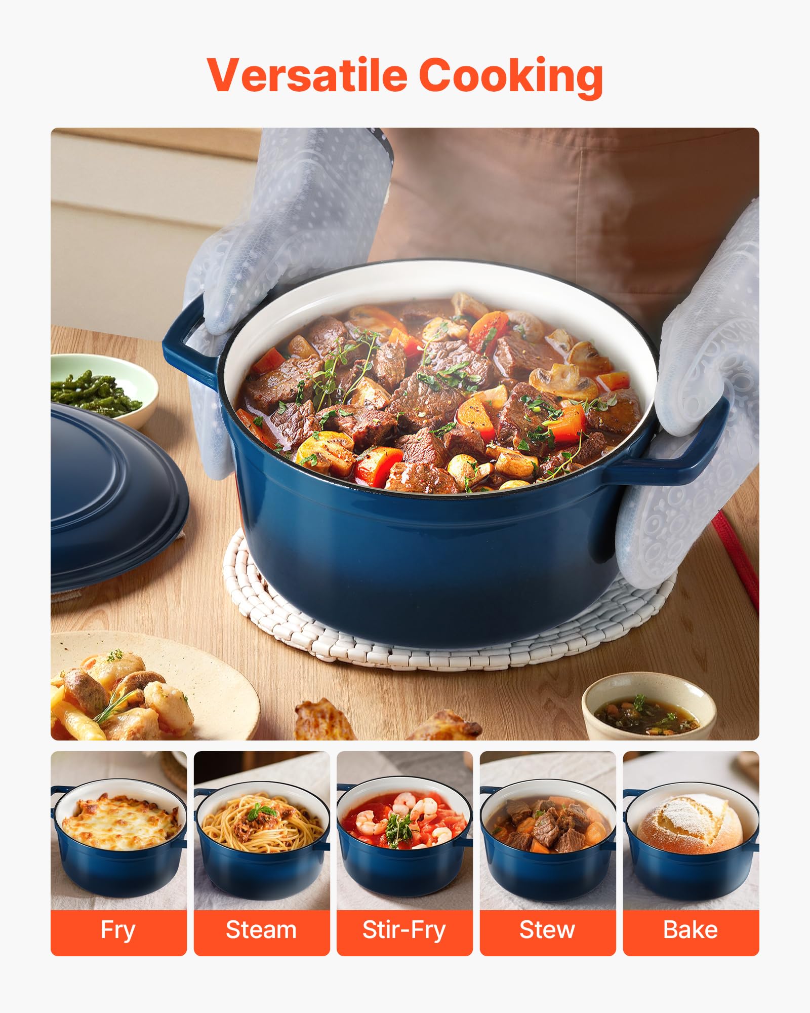 VEVOR Cocotte en fonte 5,68 L, marmite émaillée avec couvercle et deux poignées, robuste et durable, pour les fours à induction jusqu'à 260 °C, pour braiser, mijoter, rôtir et cuire le pain, bleu