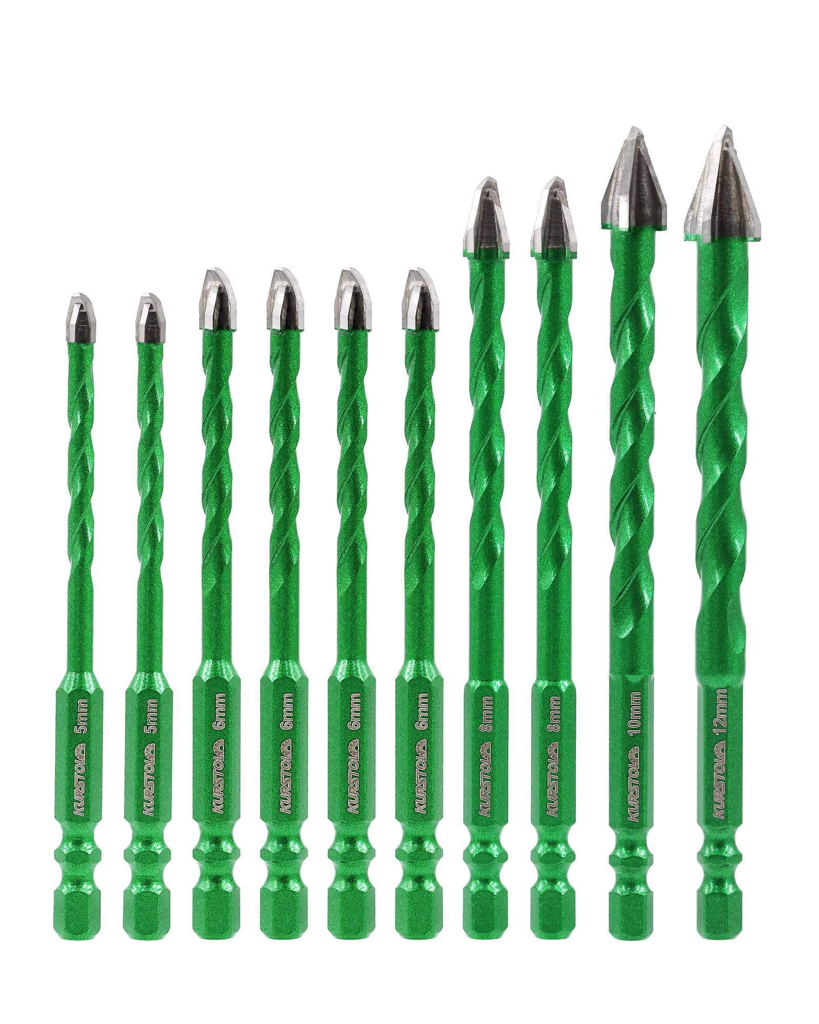 KURSTOL Masonry Drill Bit Set, 10pcs 5 * 2/6 * 4/8 * 2/10/12mm Carbide Eccentric Drill Bit Quick Change Shank for Ceramic Tile Wood Plastic Masonry Glass