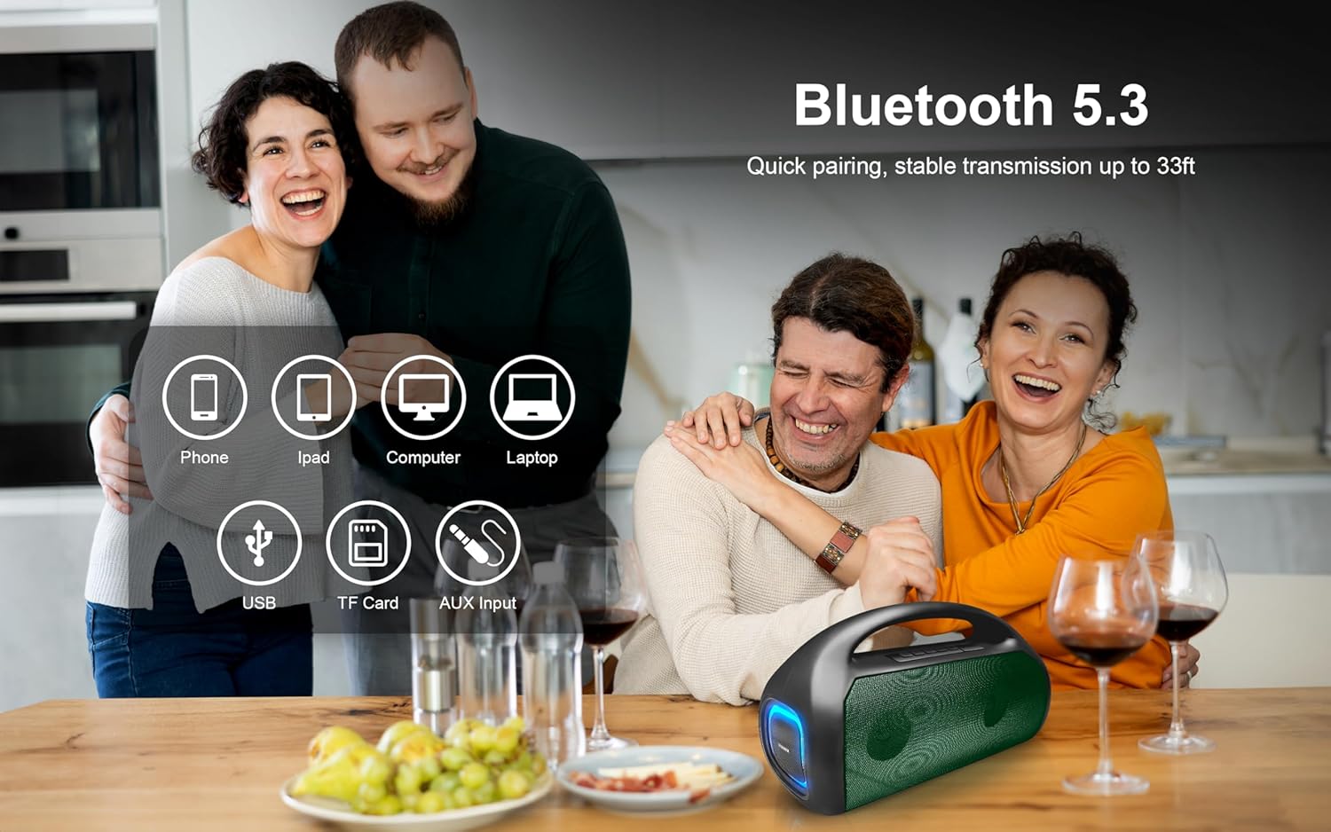 People enjoying music with Fisher FBX390 speaker, showing Bluetooth 5.3 connectivity and various input options