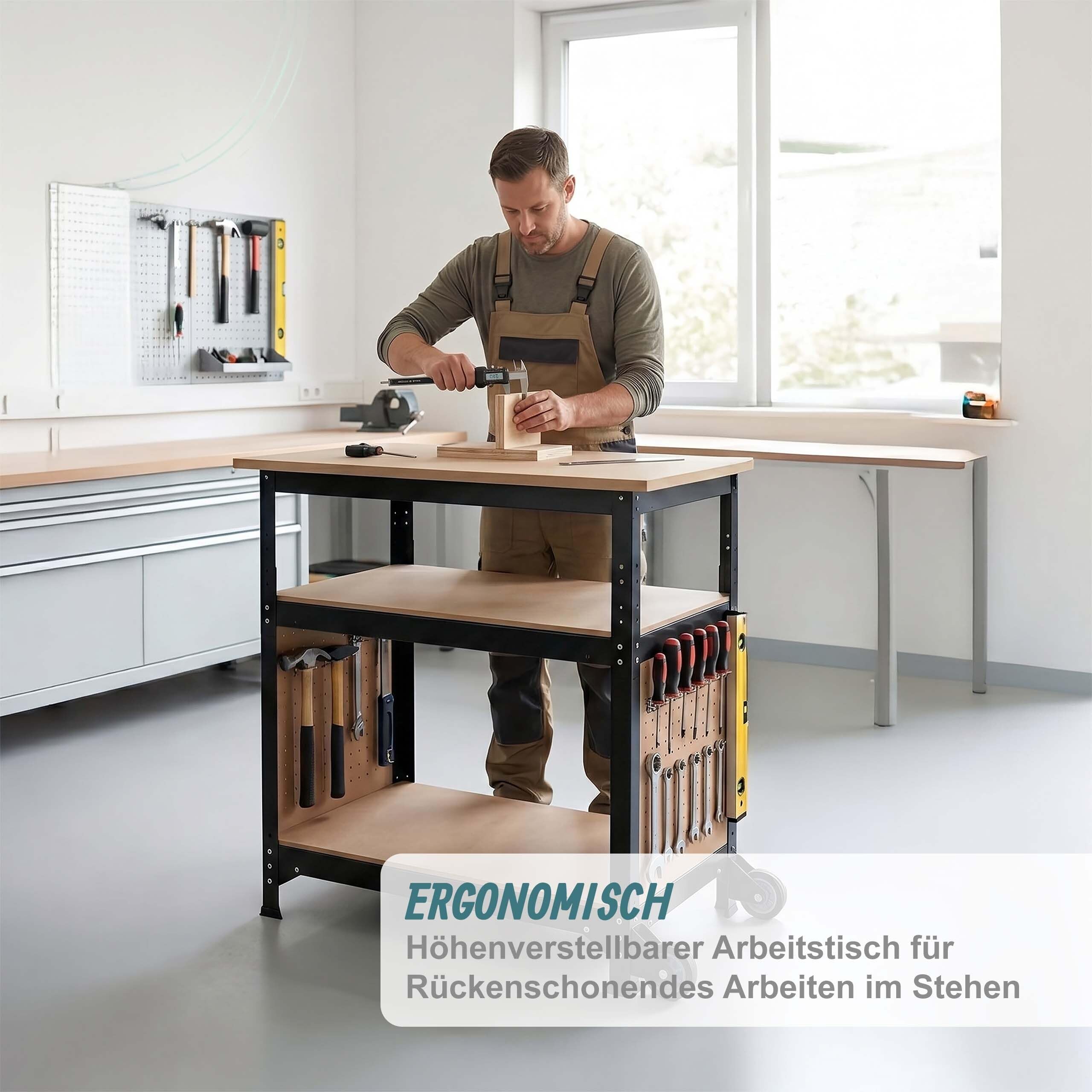 Relaxdays Werkbank, mit Rollen, HBT: 69,5x72,5x50 cm, höhenverstellbar, Werktisch mit Lochwand, Stahl & MDF, schwarz