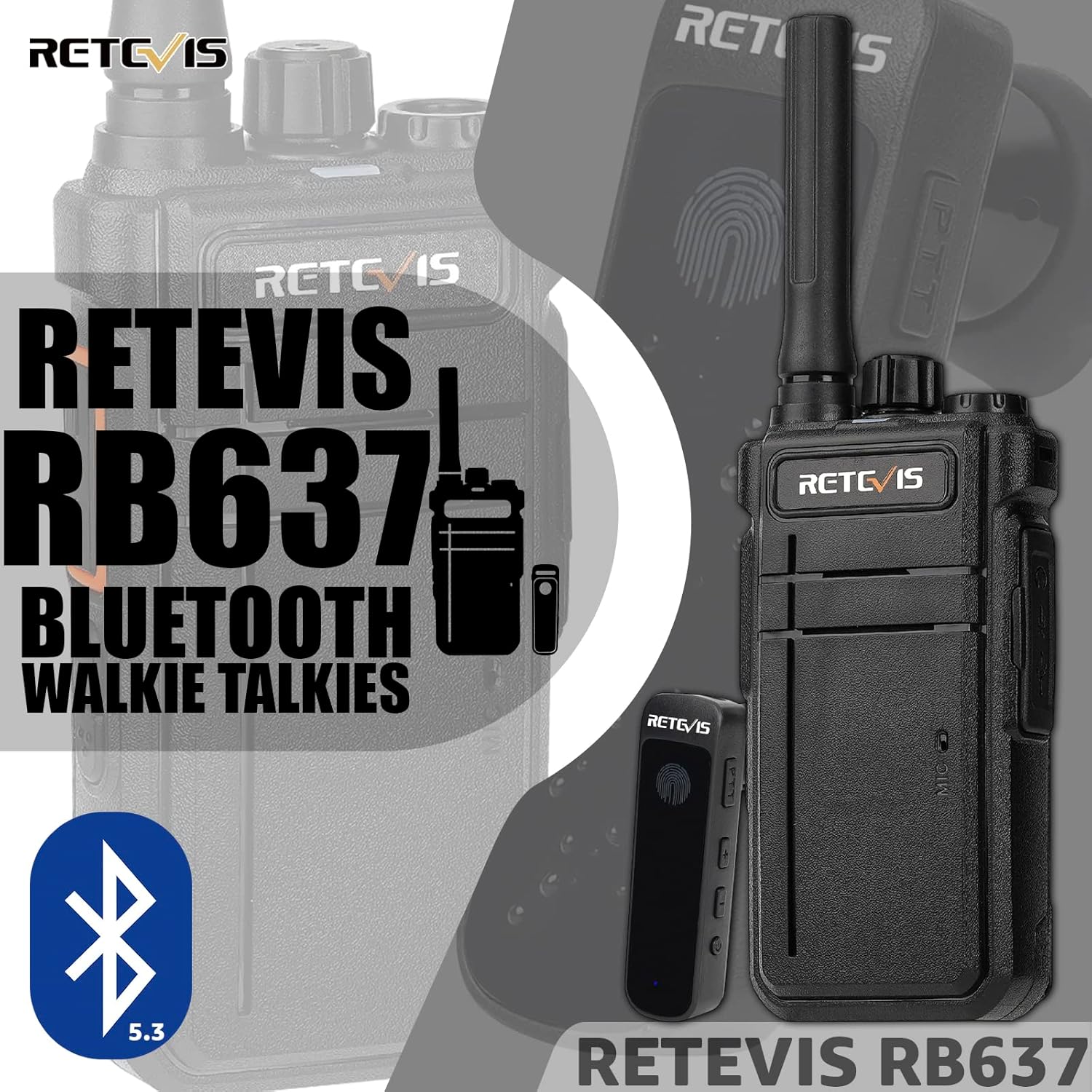 Retevis RB637 radio and Bluetooth headset side-by-side, highlighting the advantages of Bluetooth headphones.