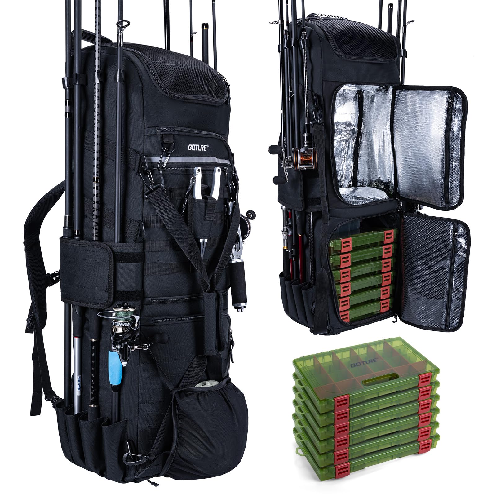 Goture Angelrucksack mit 6 Köderbox Angeln, 116-Liter Angelzubehör-Rucksack mit Zwei Rutenhaltern und Regenschutz, 600D Oxford-Gewebe Wasserabweisende Angelgerätetasche mit verstellbarem Fach