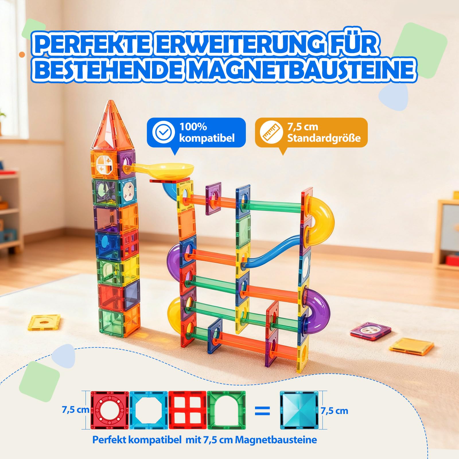 Magnetische Kugelbahn Erweiterungsset Regenbogen 125 Teile | 7,5 cm Standardgröße, 100% kompatibel mit gängigen Magnetbausteinen, Murmelbahnen für mehr Bauideen & Spielspaß