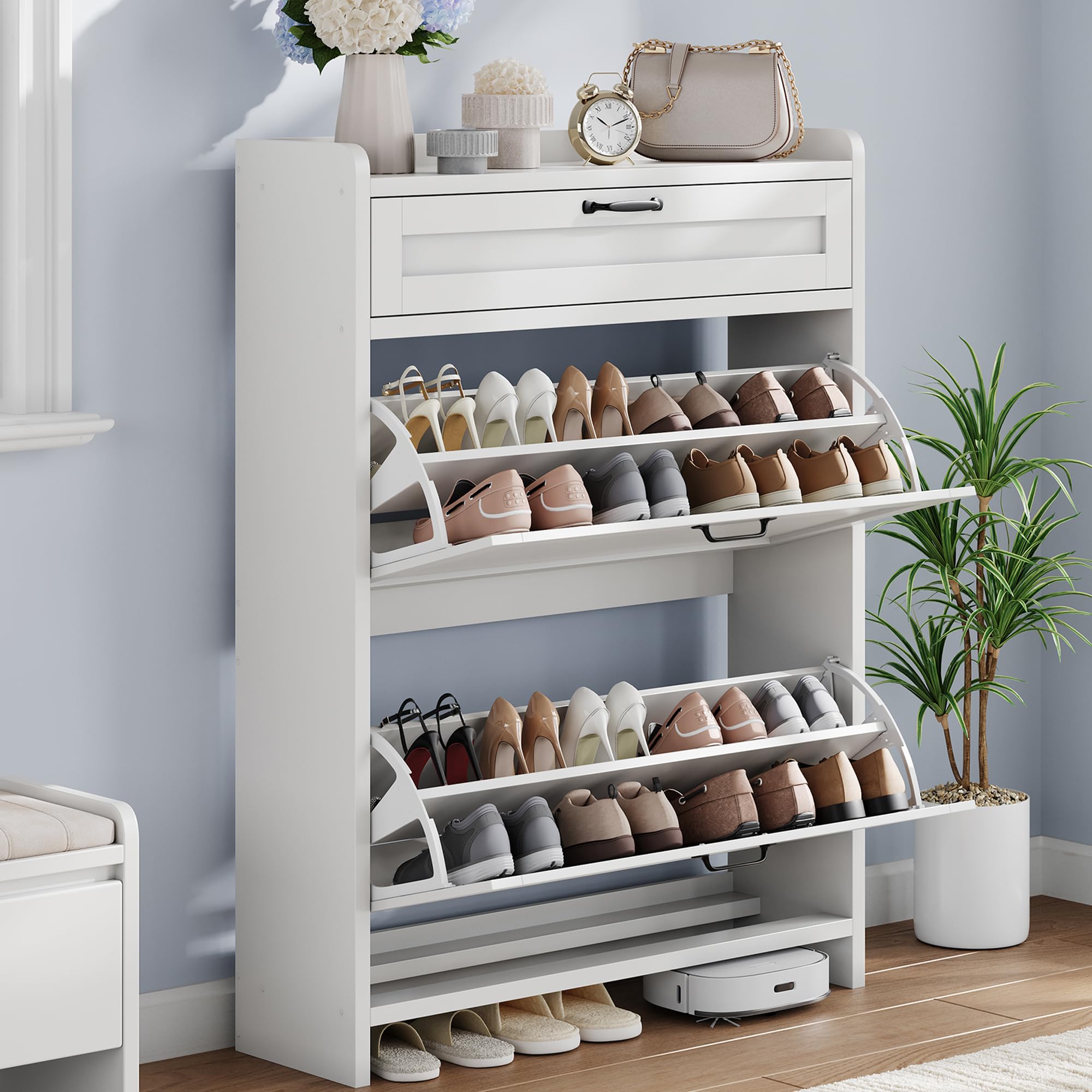 Shoe Cabinet with 2 Flip Drawers & 1 Top Drawer, Wooden Shoe Organizer Cabinet with Adjustable Shelf, Freestanding Shoe Storage Cabinets for Entryway, Hidden Shoe Storage for Hallway, Living Room, grey