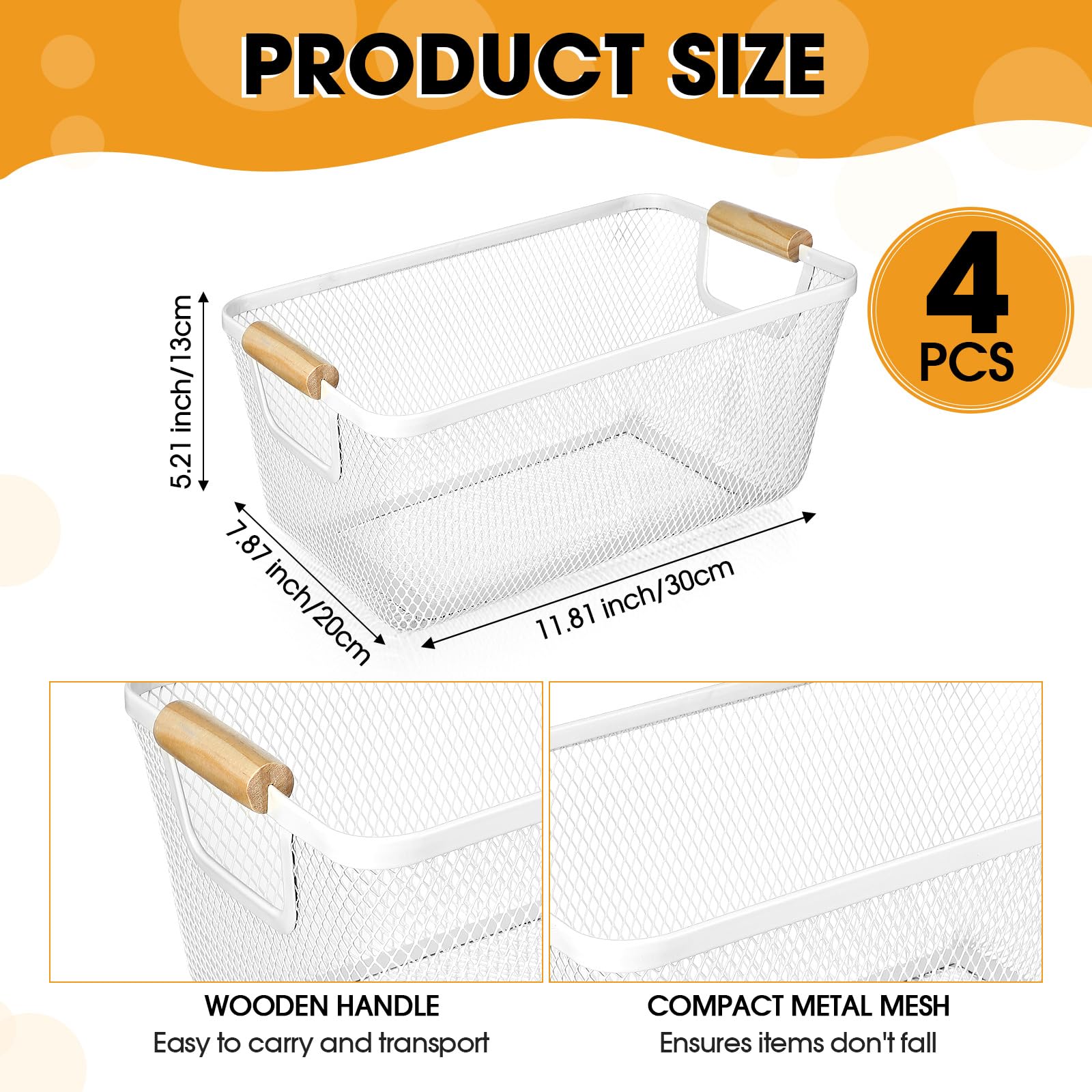 Condition photo showing New/Like New for 4 pcs metal wire basket with wooden handles mesh steel storage organizer bin containers for home organizing cabinet pantry closet kitchen fridge fruit makeup snacks gifts(medium,cream white)
