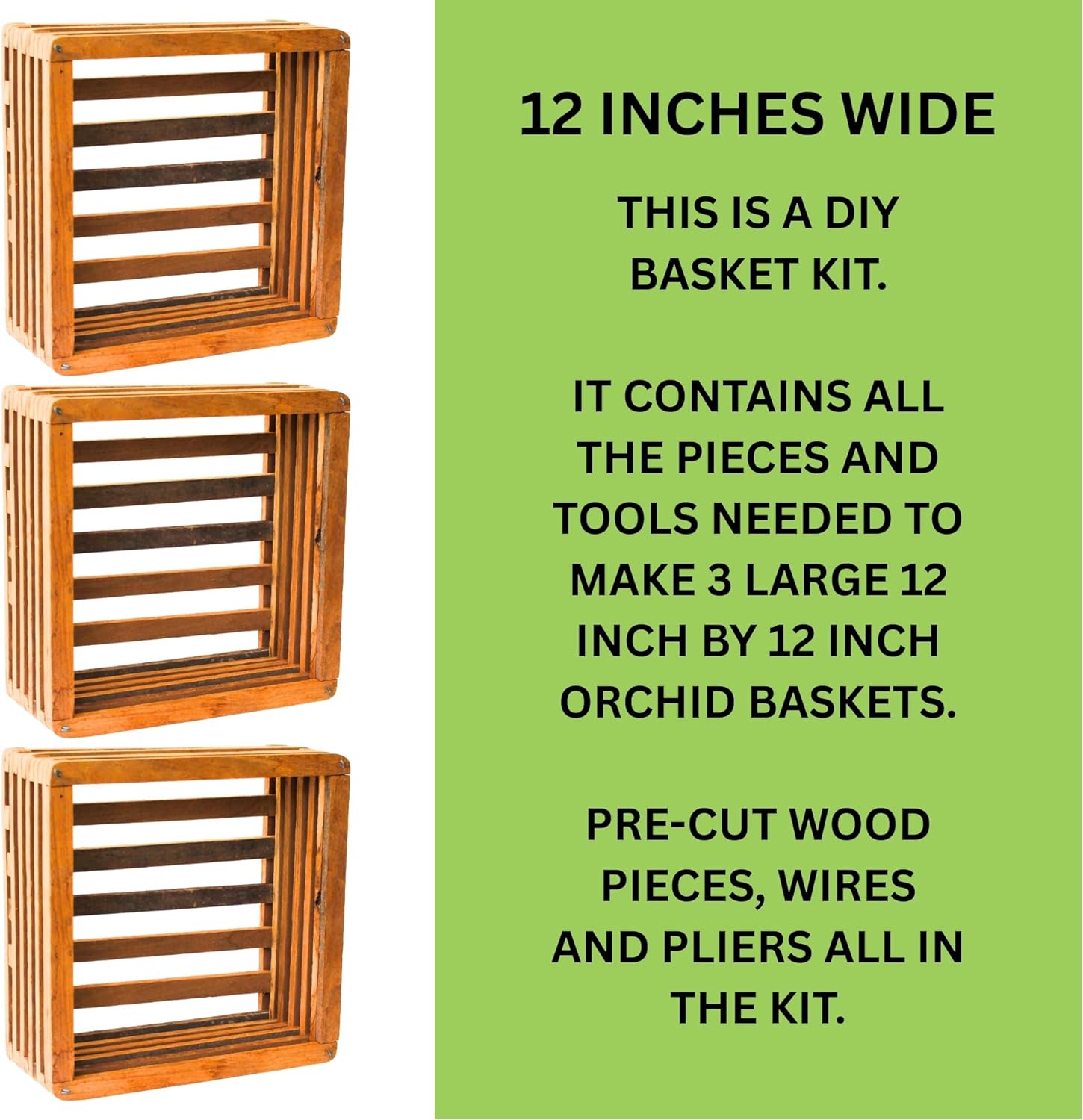 Orchid Basket Making Kit for 3 Strong 12 Inches Wide Hanging Orchid Baskets for Outdoors with Hangers, for Orchids, Staghorn Ferns, Handmade Rustic Wood Vanda Baskets, Staghorn Fern Mount