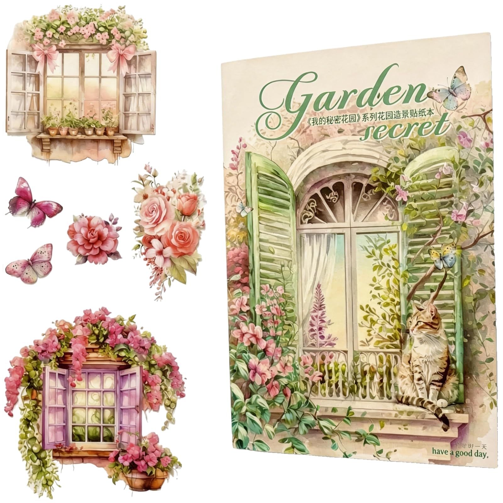 TIAMECH Window Sill Flowers Sticker Book - My Garden Series, 20 Sheets Blooming Courtyard Waterproof PET Scrapbooking Stickers for Junk Journaling,