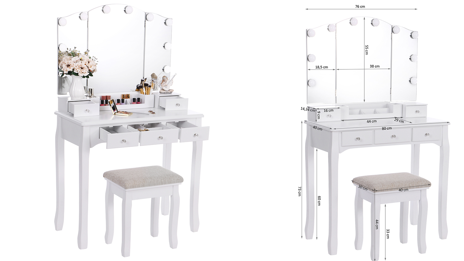 Coiffeuse Table De Maquillage Avec Tabouret Miroir Ovale 10 Ampoules Interrupteur Et 4 Tiroirs