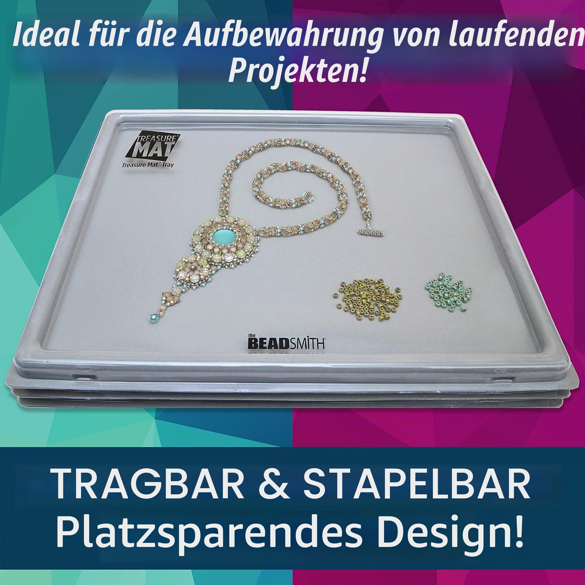 The Beadsmith Tablett und Schatzmatte | Grau beflocktes Tablett 11 x 14 Zoll mit Deckel, rutschfest, Gummiboden, Designplatte für Schmuckherstellung