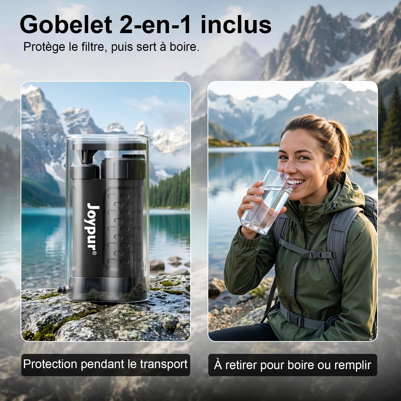 Filtro dell'acqua per esterni con membrana UF a 5 livelli, precisione del filtro 0,01 μm, peso leggero 340 g, per campeggio e emergenza (480 ml) (K8192 x nero)