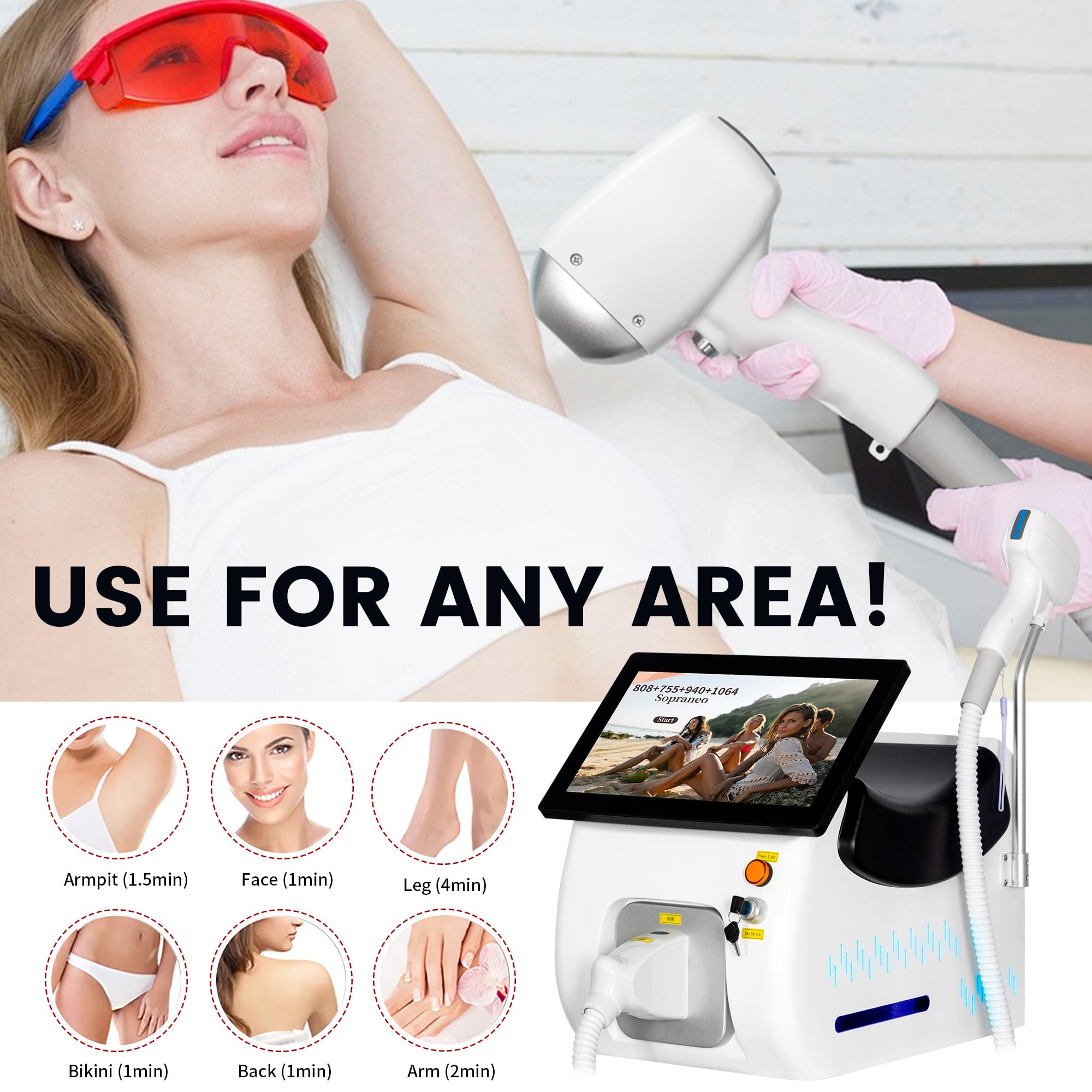 10 barre Apparecchio laser a diodi per la rimozione dei peli 755/808/940/1064 nm | Utilizzato per la depilazione di tutto il corpo sistema di raffreddamento del ghiaccio Casa e commerciale