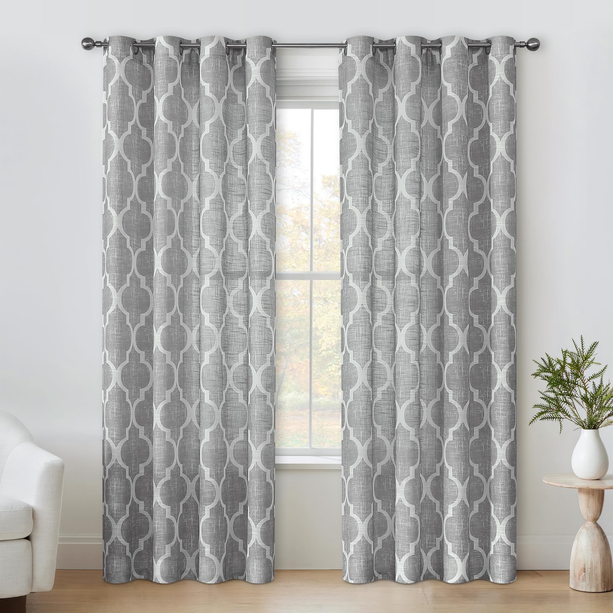 Beauoop Linen Semi Sheer Curtains 96 Inches Long 2 Panels for Bedroom Living Room Grey Moroccan Geo Farmhouse Light Filtering Privacy Textured Grommet
