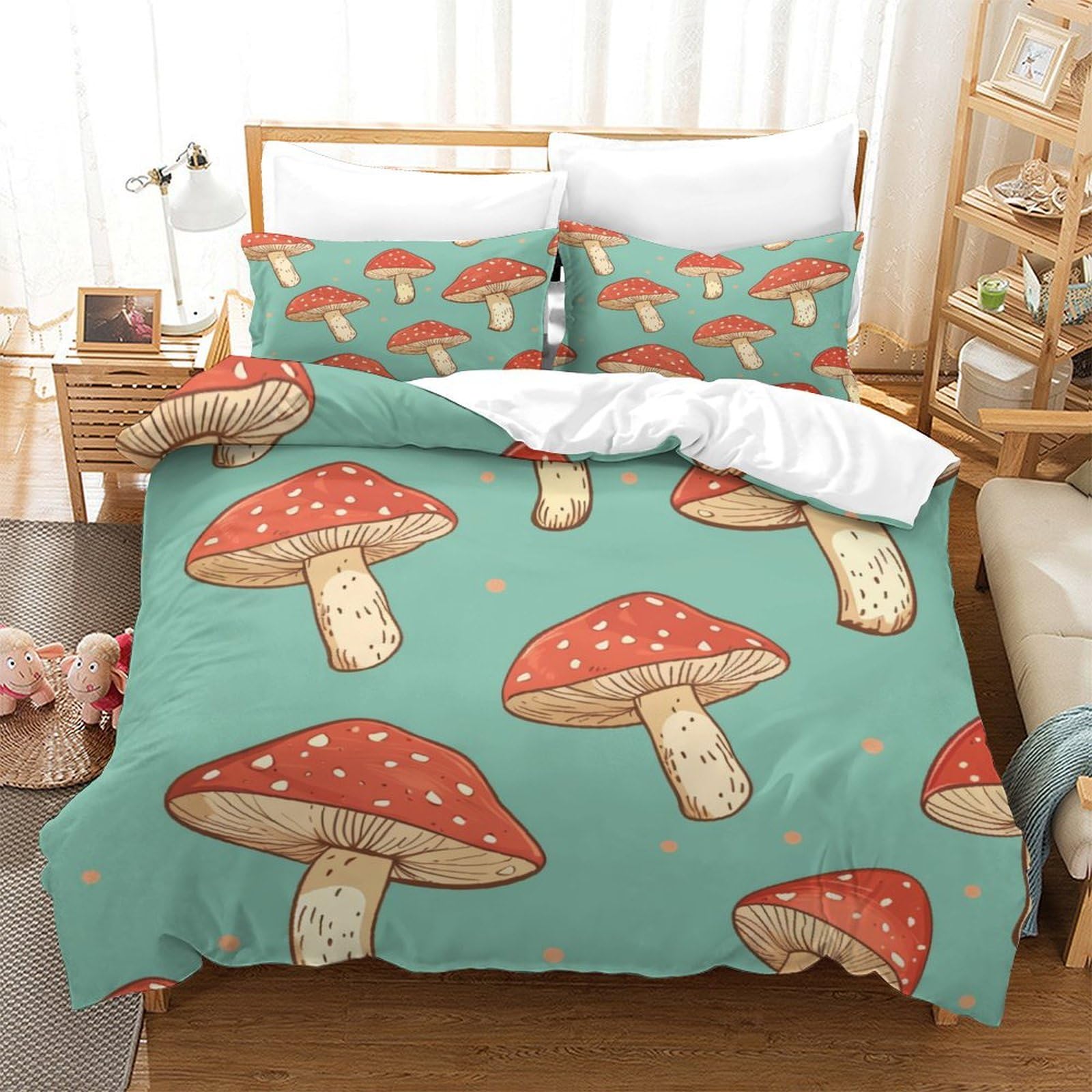 P1S9U7W5Y Cozy Mushroom 3D Printed Duvet Cover Set 3pcs Microfiber Mushroom Bedding Set Single