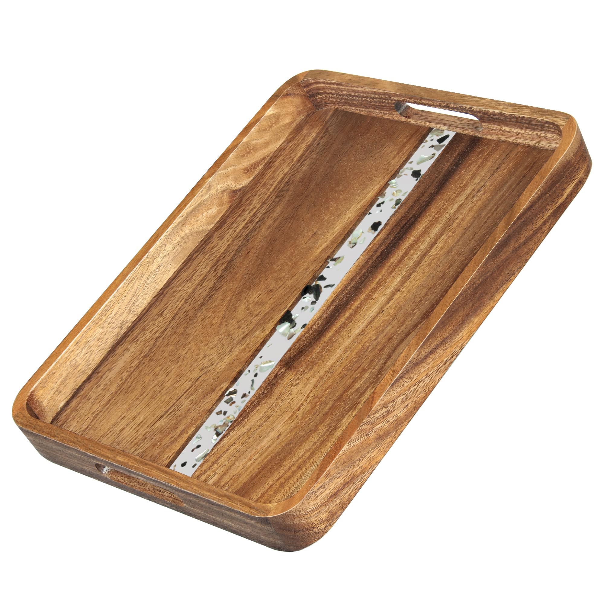 KITEISCAT Acacia Wood Serving Tray with Handles, 17’’x13’’ Rectangular Decorative Ottoman Tray for Living Room, Coffee Table Tray for Decor, Breakfast in Bed