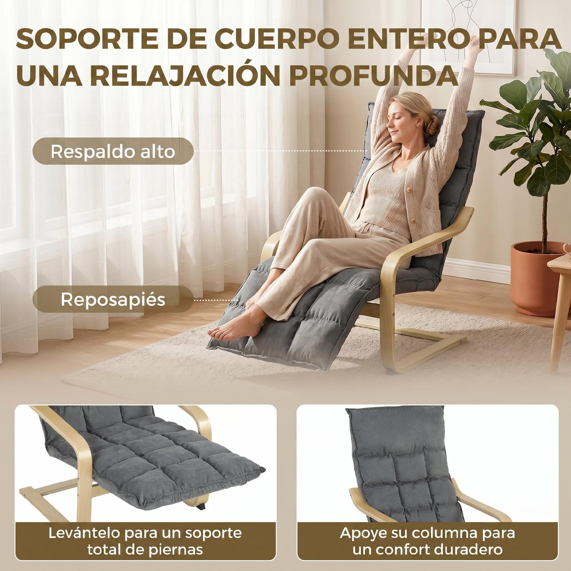 HOMCOM Sillón de Salón con Reposapiés Balanceo Suave, Respaldo Alto Gris