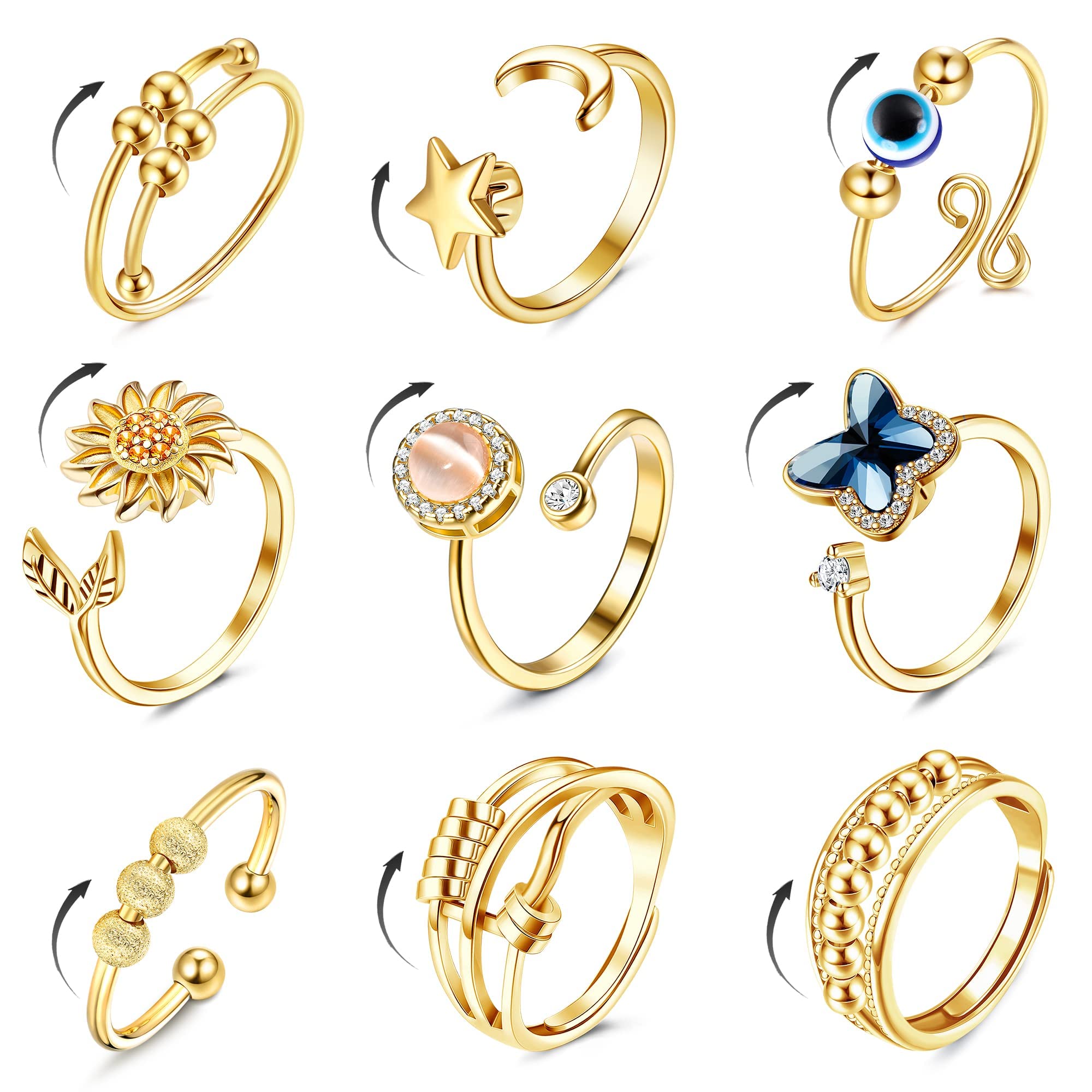 CASSIECA 9 Pièces Spinner Ring Femmes Bande Ring Anneau de Spinner Ouverts Réglables Bague Empilables Bague Zirkonia PlanèteTournesol Fleurs Bague tu ES Mon Soleil Bague Tournoyer Anneaux Cadeau