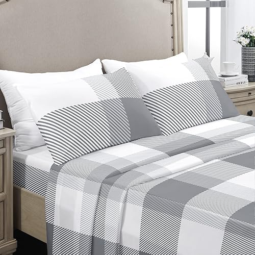 YIYEA Juego de sábanas de lujo de 1800 hilos de microfibra de doble cepillado a cuadros para cama de tamaño Queen, extra suaves, bolsillo profundo,