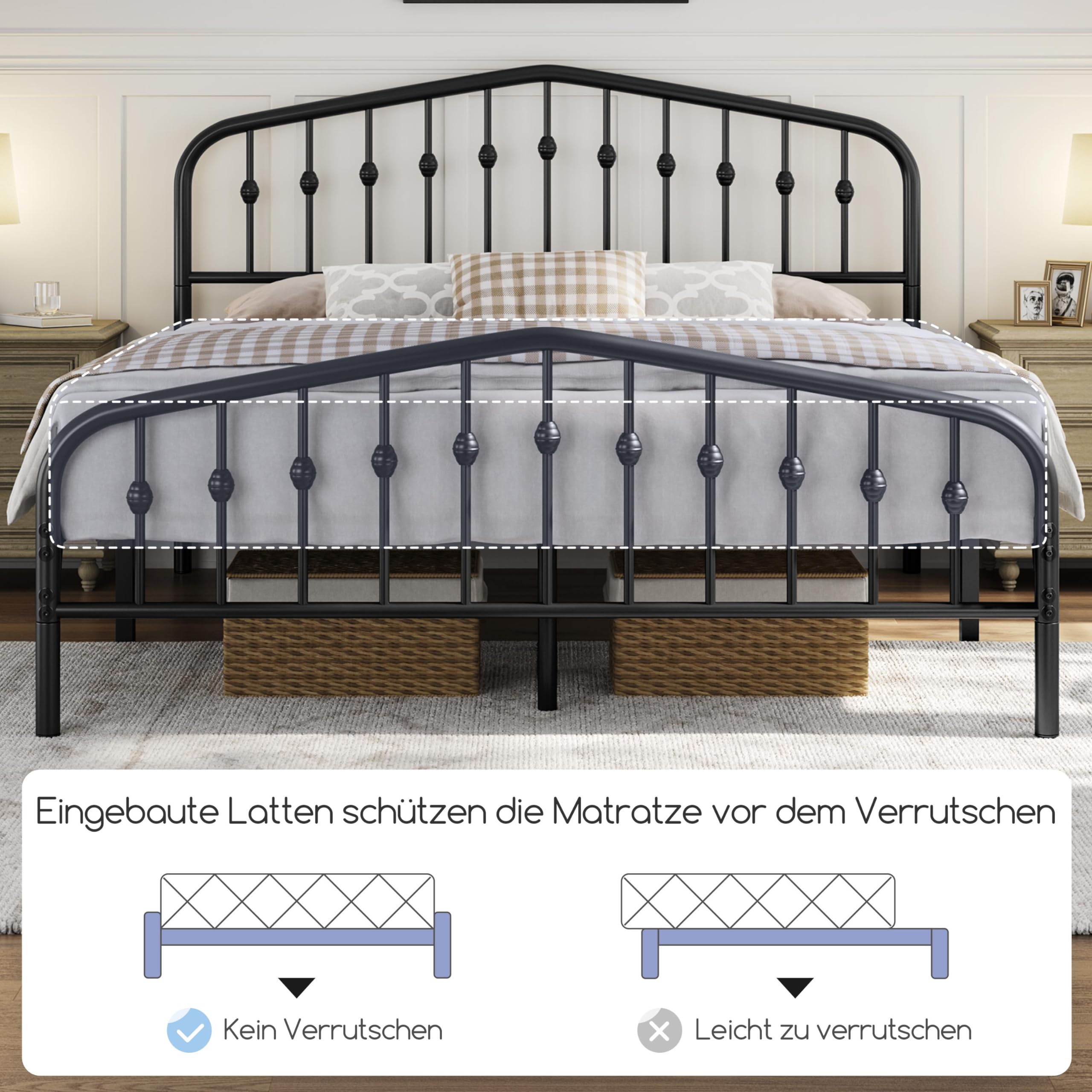 Yaheetech Bettrahmen 160 x 200 cm, Vintage Metallbett mit kronenförmigem Kopfteil, Stabiles Bettgestell Doppelbett aus Metall, Robust & Leichte Montage Gästebett Jugendbett Tagesbett, Schwarz