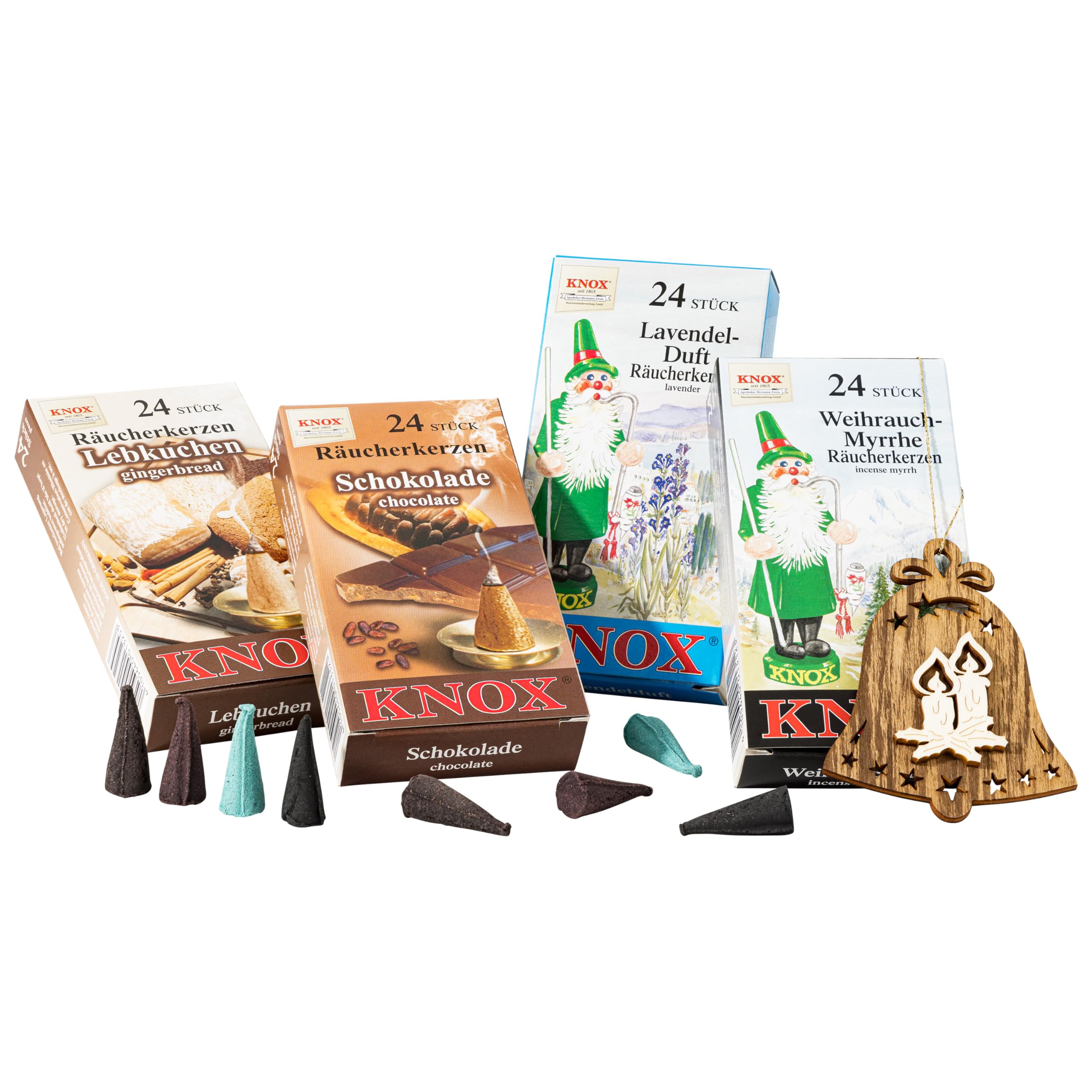 MaMeMi Knox - Conos de incienso alemanes para temporada navideña, paquete de 4 (96 conos) para casas y figuras de ahumadores, pan de jengibre, chocolate y favoritos de temporada, juego de regalo con