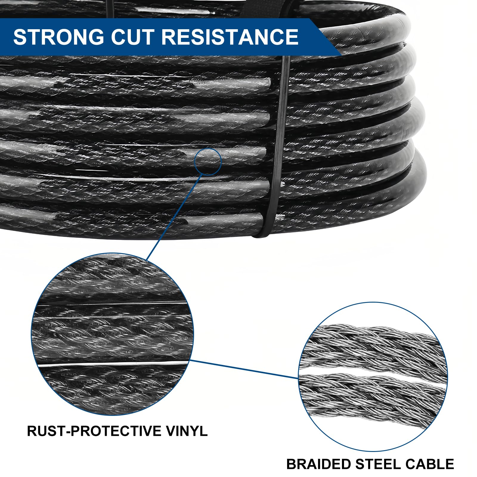 Câble de sécurité résistant aux coupures en acier tressé flexible revêtu de vinyle avec extrémités en boucle - Câble de verrouillage antivol résistant aux intempéries pour vélos, portails