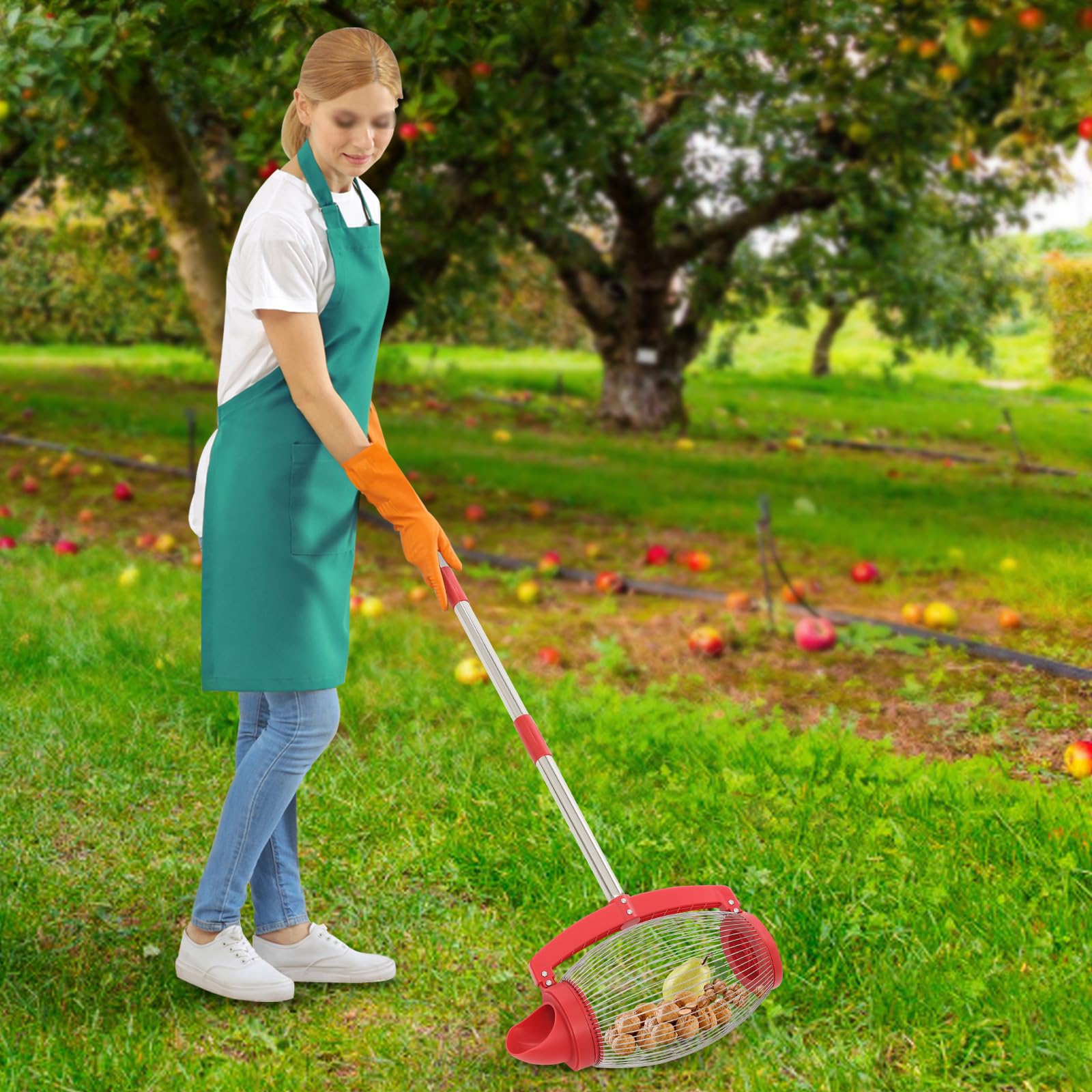 Colector de nueces de nogal con bolsa de almacenamiento, 15 l, recogedor efectivo para frutos secos, recogedor con mango telescópico para exteriores, pelotas de golf, pelotas de tenis