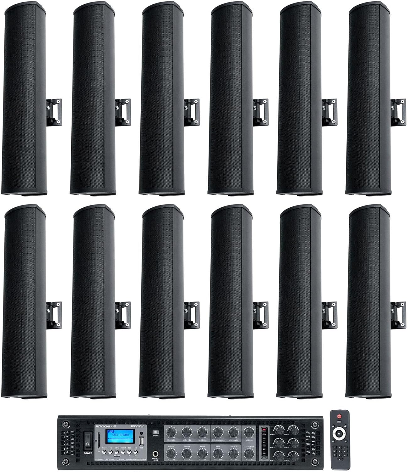 Rockville Bundle: RCS650-6 650W 6-Zone 70V Amp w/Bluetooth & Wet Array 4 Black Speakers, IP55 Wall Mount, 2-Way Line Array for Restaurant, Church, Auditorium, Indoor/Outdoor Use (13 Item)