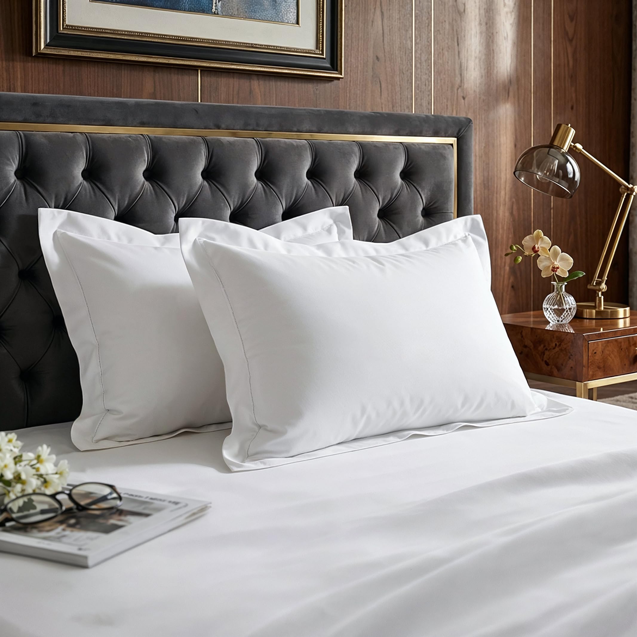 Pizuna Pure Cotton King Size Oxford Pillowcases 2 Pack White 50x90cm, 600 Thread Count Long Staple Combed Cotton Crispy Soft Pillow Cover, Sateen King Pillow Cases