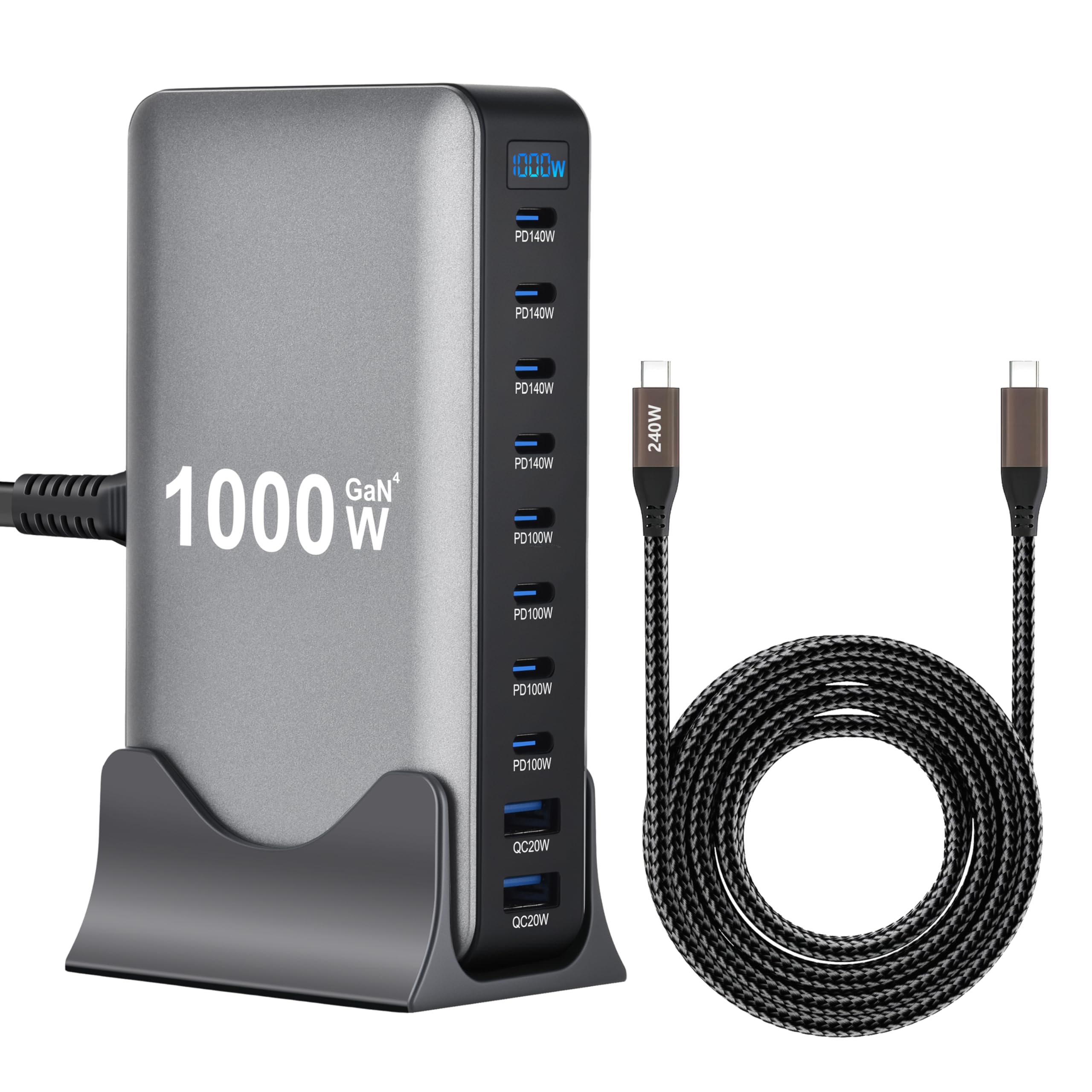 Estación de carga de escritorio GaN 4 de 1000 W y 10 puertos con cable de datos de 240 W y 6.5 pies, compatible con tabletas, teléfonos, portátiles, consolas de juegos, auriculares