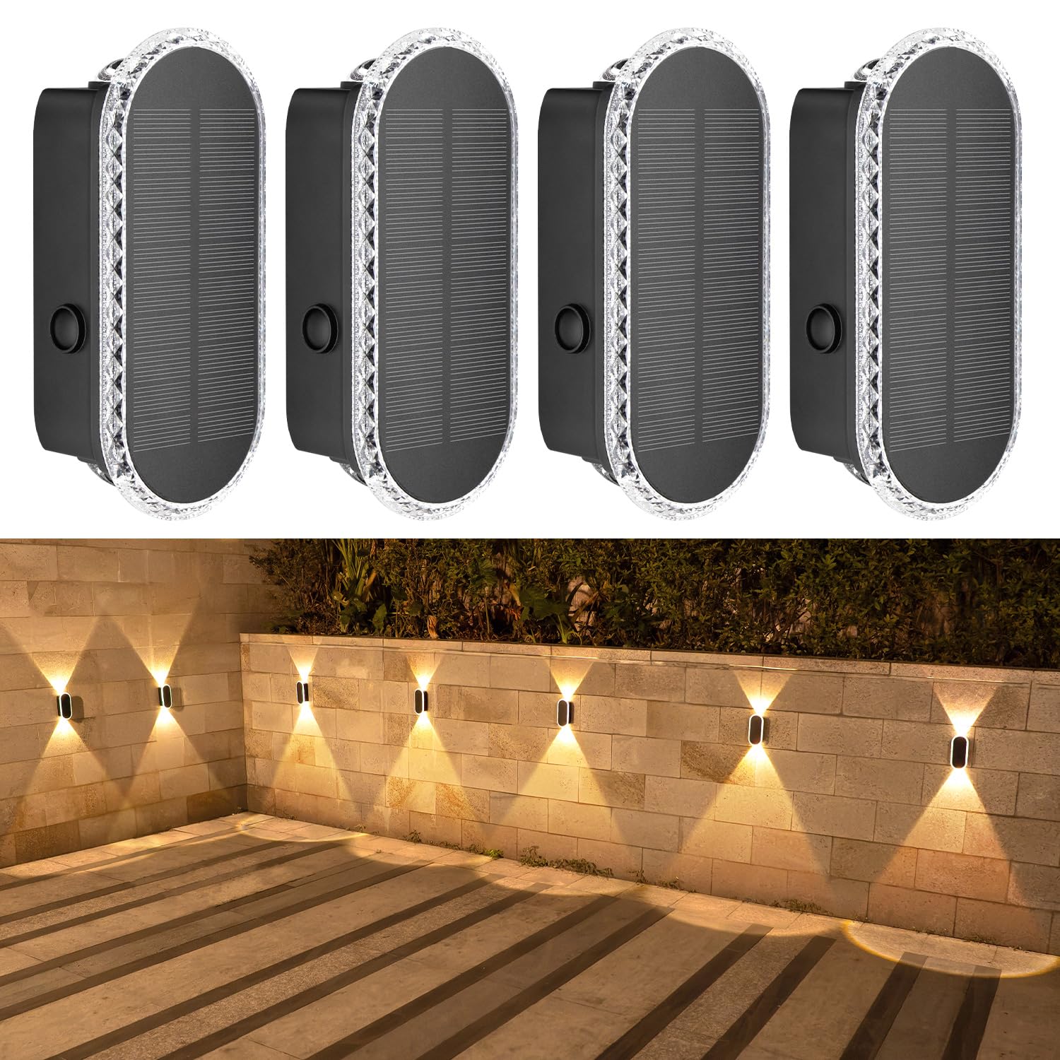 HAMLITE Solar Fence Light for Garden: 4 Packs Weatherproof Up&Down Lighting - Adjustable 3000K-6500K Modes - Easy Installed Wall Light with 1500mA Battery for Deck Garden Door Porch Fence Patio