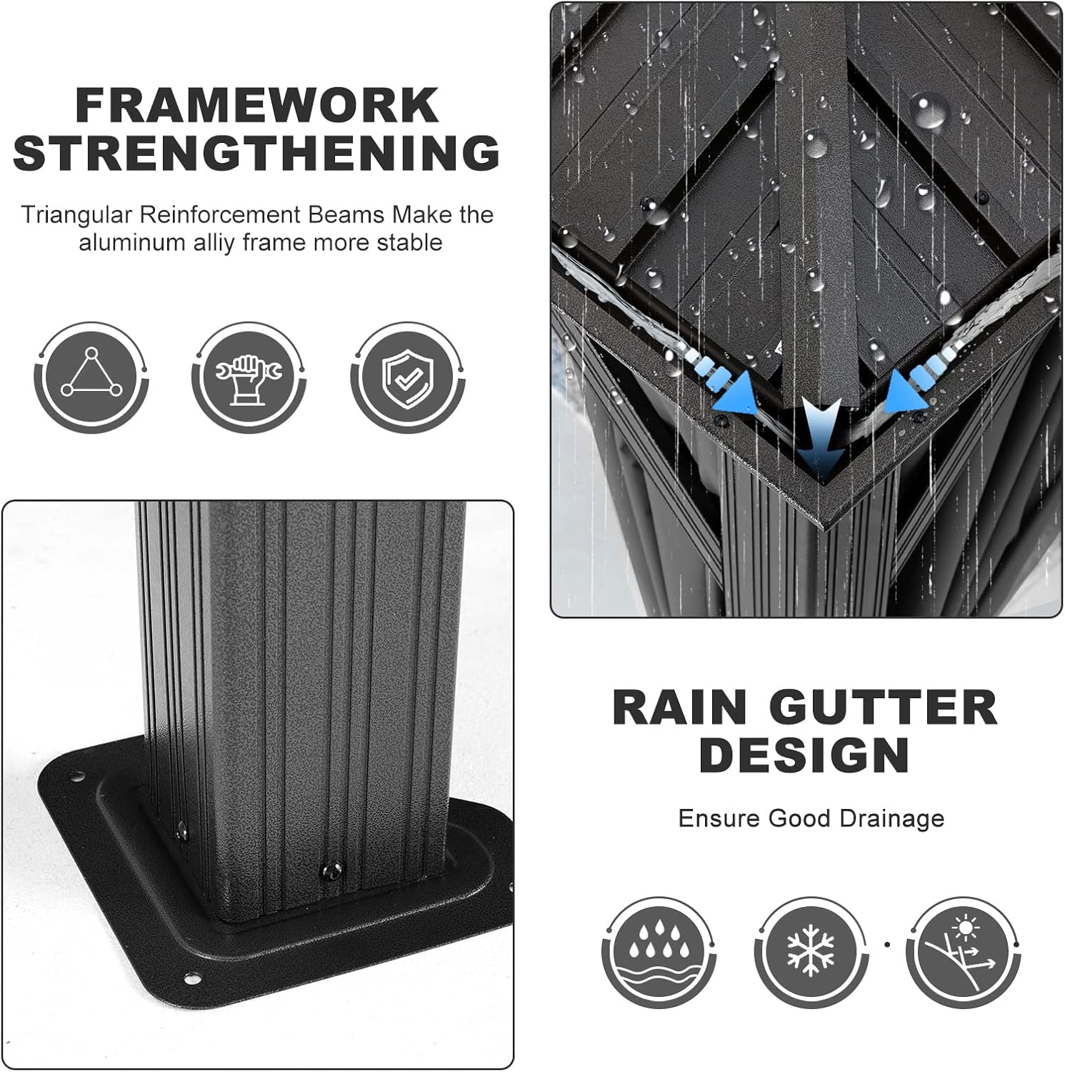 Close-up of gazebo frame showing triangular reinforcement beams, rain gutter design, and a sturdy post base.