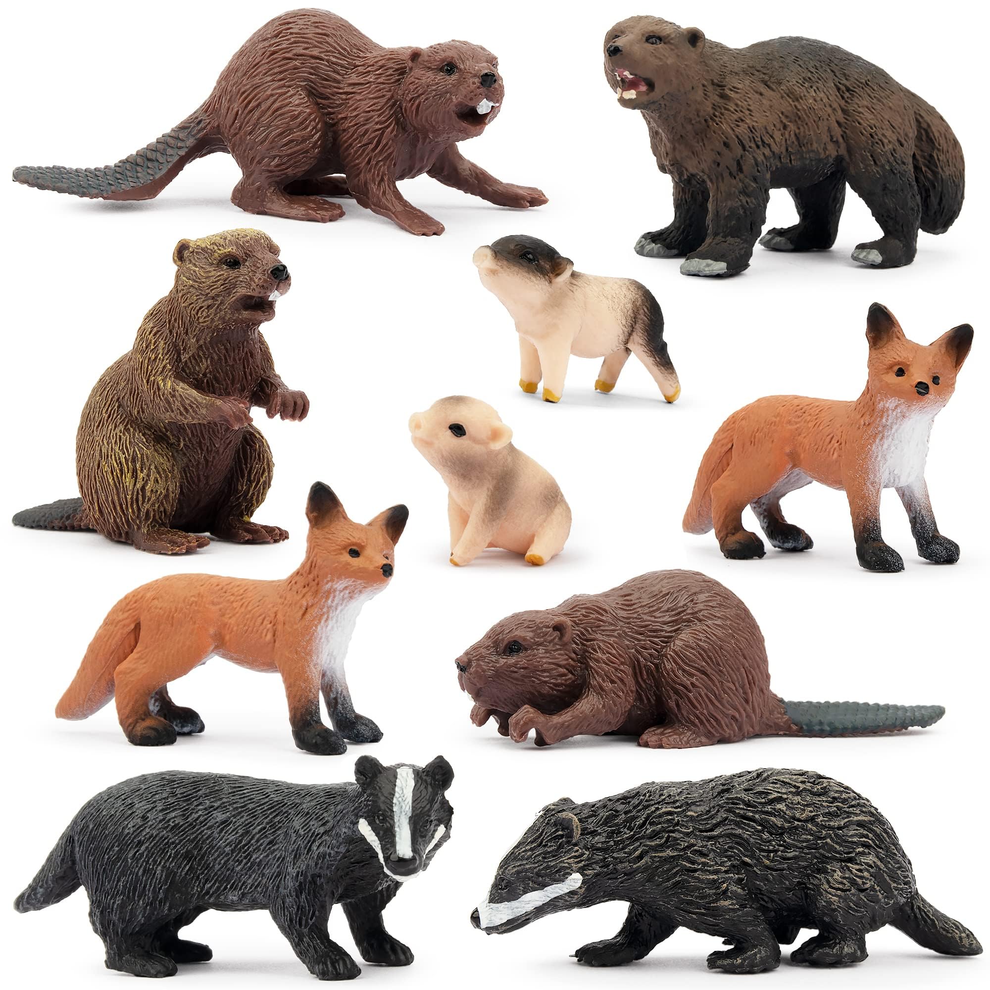 10PCS Tiny Forest Animal Figures, Realistic Woodland Creatures Figurines Toy Set includes Beavers Foxes Badgers, Easter Eggs Education Birthday Gift Christmas Toy for Kids Children Toddlers