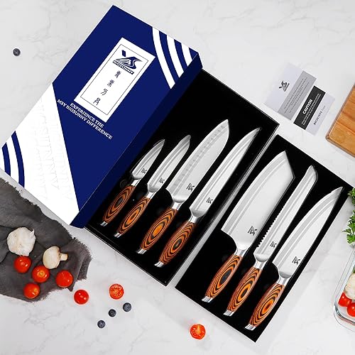 Miniatura 6 de MSY BIGSUNNY Juego de cuchillos de cocina de 7 piezas, acero inoxidable alemán para cuchillos de chef con mango de madera de Pakkawood, juego de