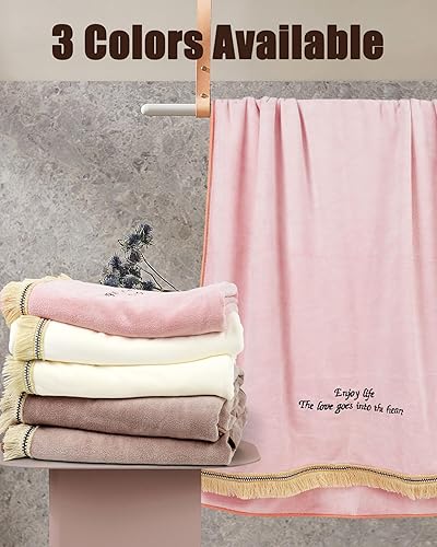 Miniatura 8 de Cleanbear Juego de 2 toallas de baño de microfibra gruesa, delicadas toallas de baño con borlas y texto bordado, 55 x 27 pulgadas, color blanco hueso