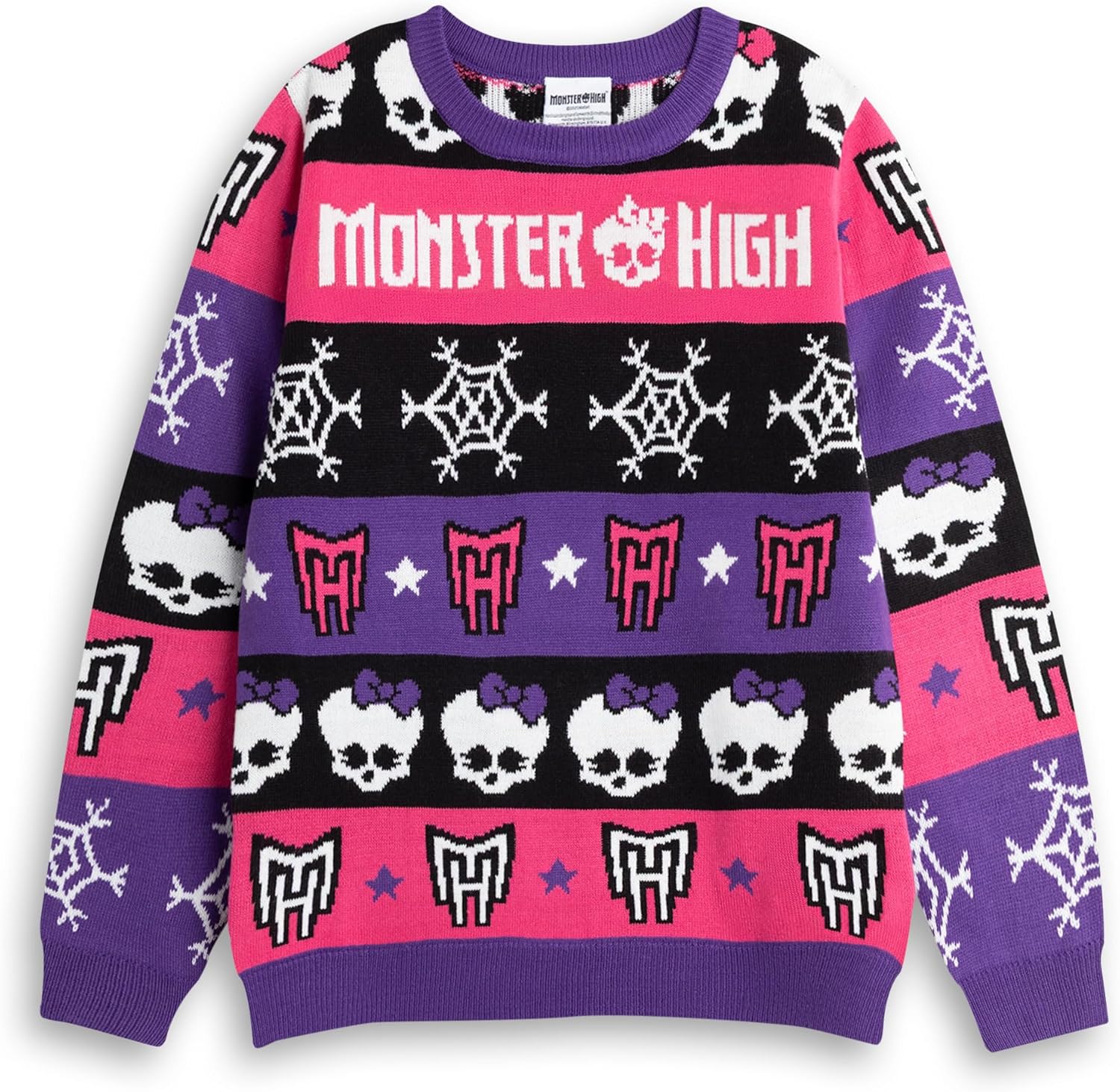 Monster High Girls Pink & Black Skull & Snowflake Fairisle Christmas Jumper | Long Sleeve Crew Neck Holiday Wear