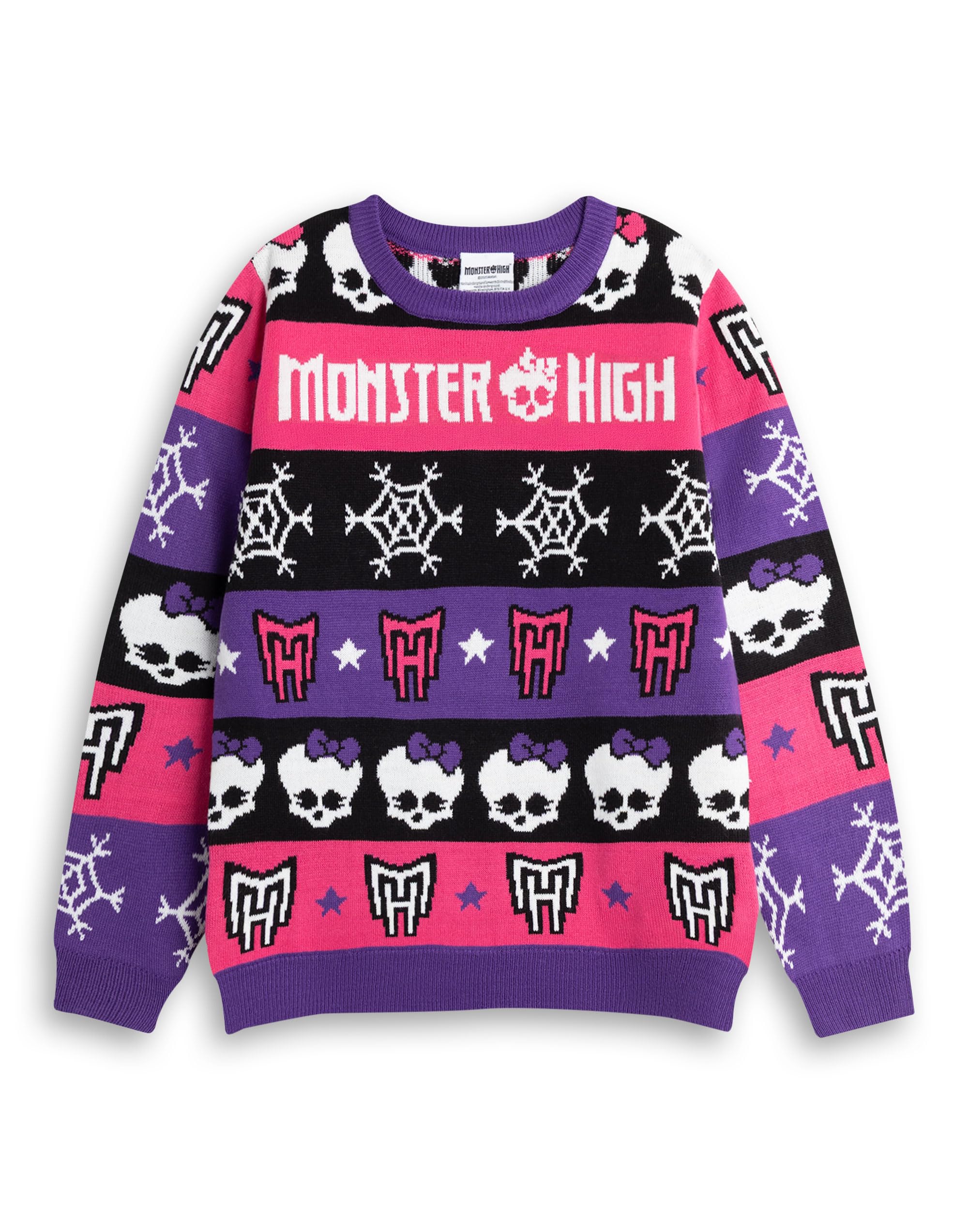 Monster High Girls Multicoloured Pink & Black Skull & Snowflake Fairisle Christmas Jumper | Long Sleeve Crew Neck Holiday Wear | Cartoon Style Kids Outfit Merch - 9-10 Years